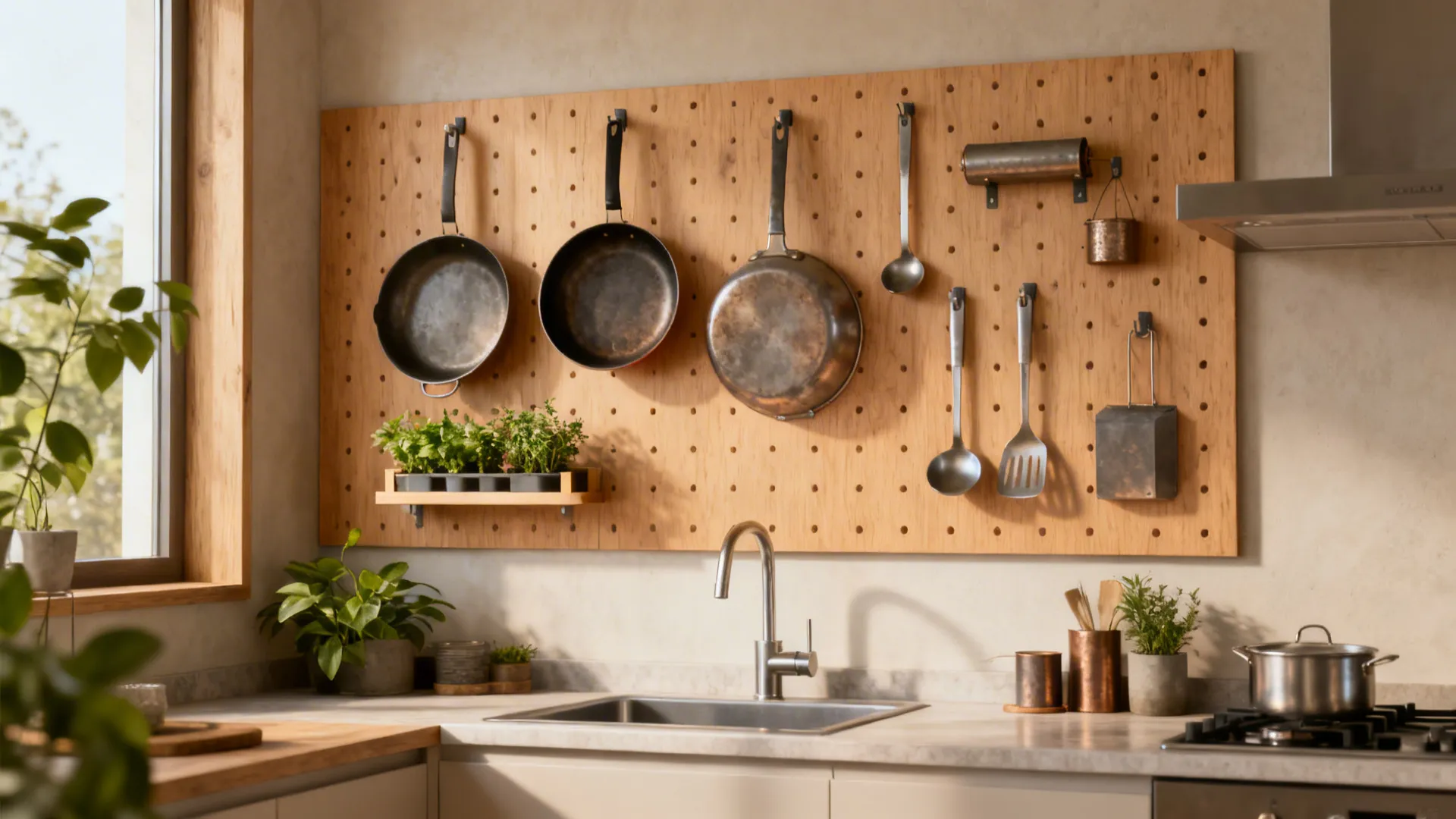 Decorative wood pegboard wall matching the paint tone, styled with pans and a small herb shelf.