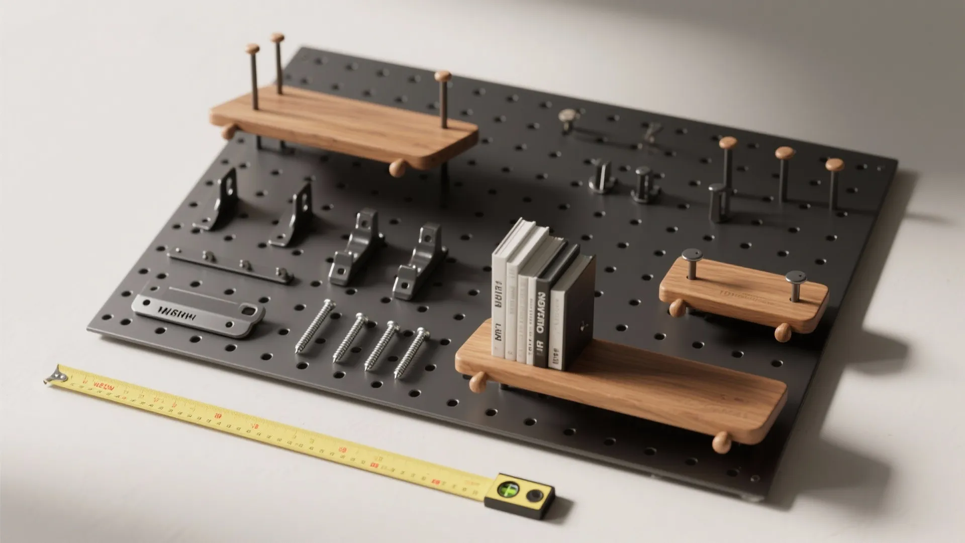 Dark grey pegboard showing wooden shelves metal hooks small books screws and yellow tape measure