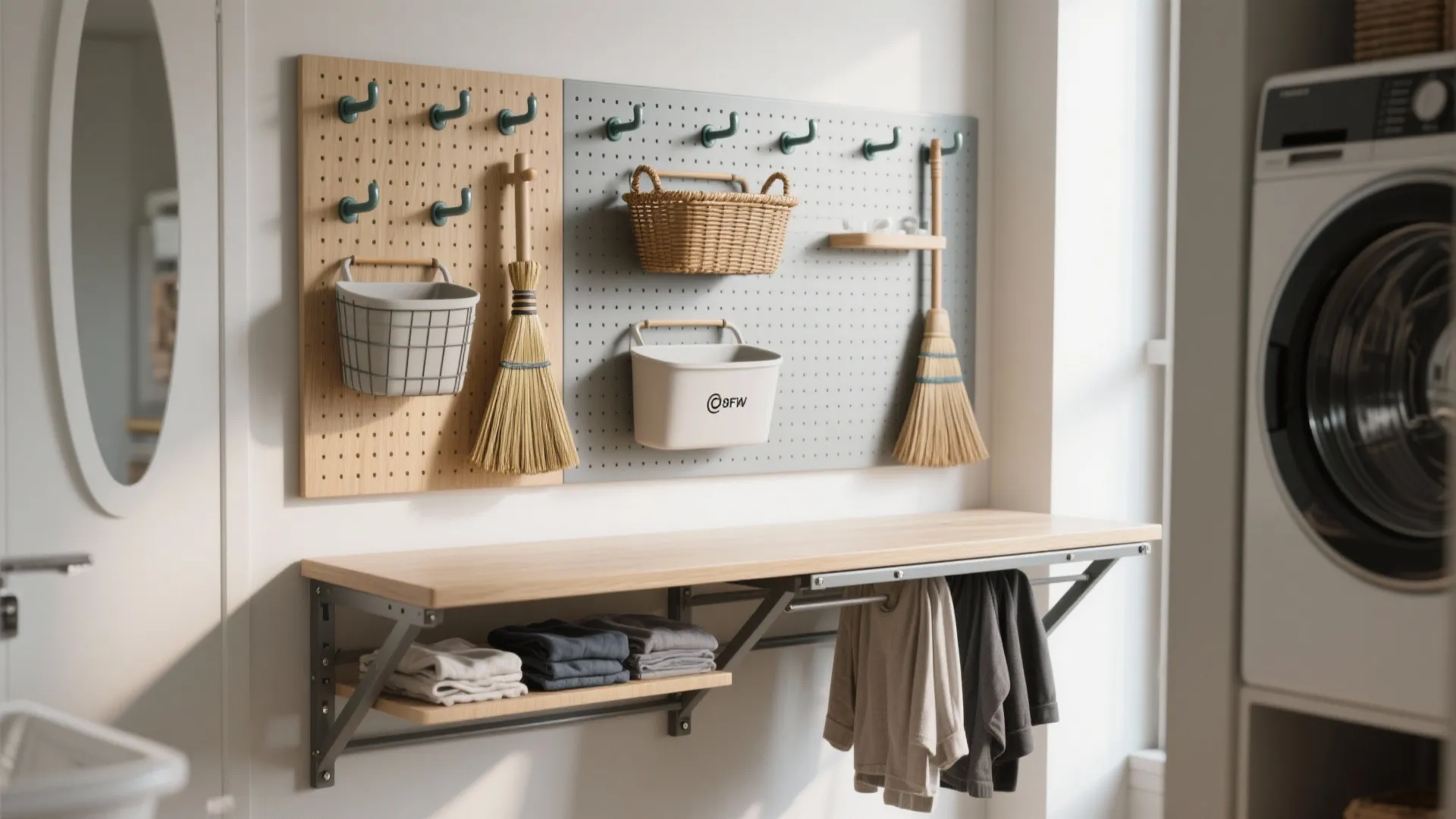 4. Multipurpose wall system: pegboard + fold-down counter
