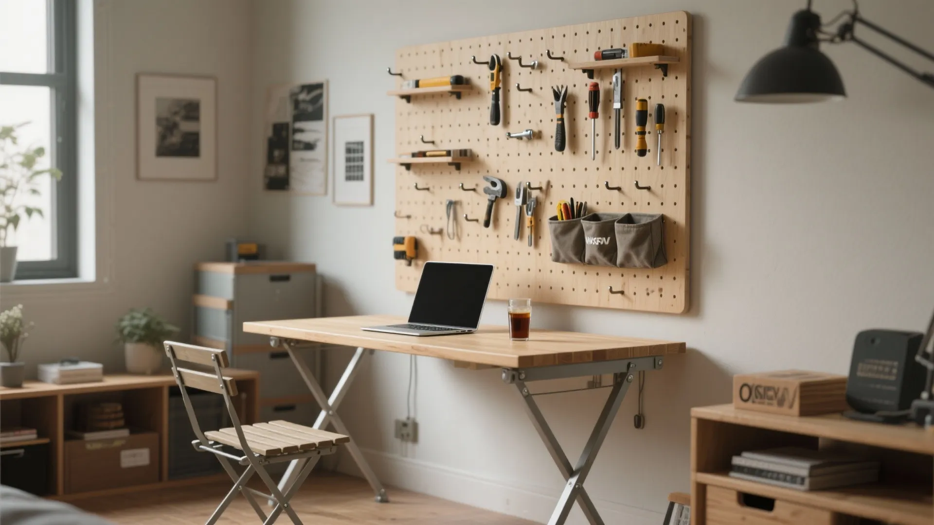 2. Folding table + vertical pegboard station