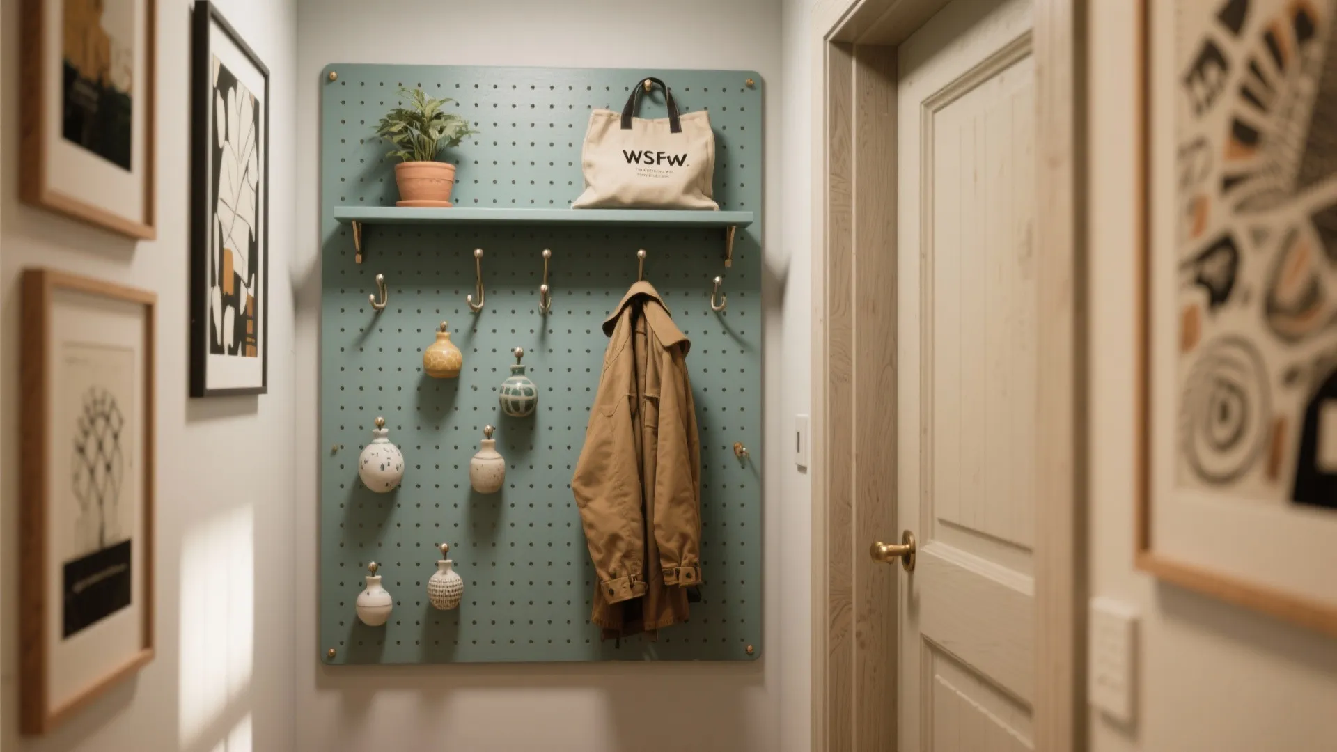 5. Pegboard gallery with shelf and hidden hanger