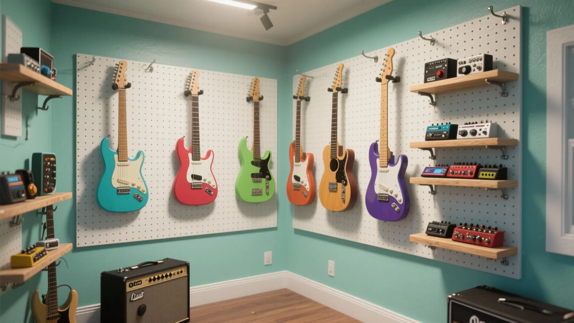 Music room with colorful electric guitars on white wall boards and wooden shelves for gear