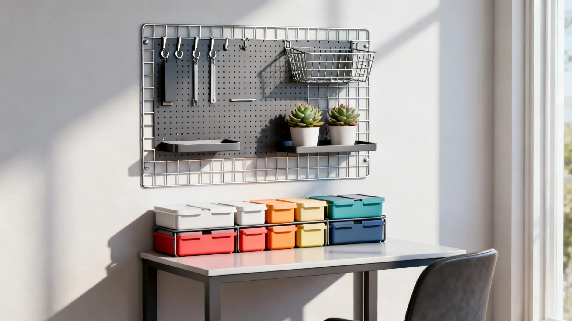 Pegboard and modular wall grid above a desk with hooks, baskets and plants.
