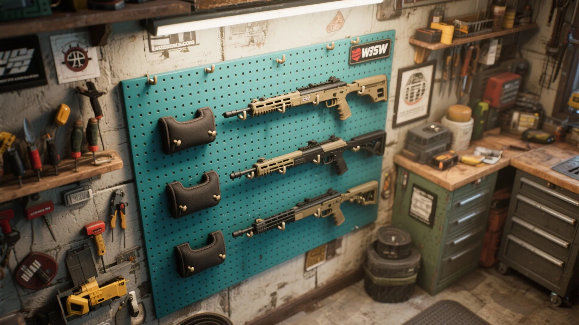 Blue pegboard wall organizer in a garage workshop holding tools and various black storage items