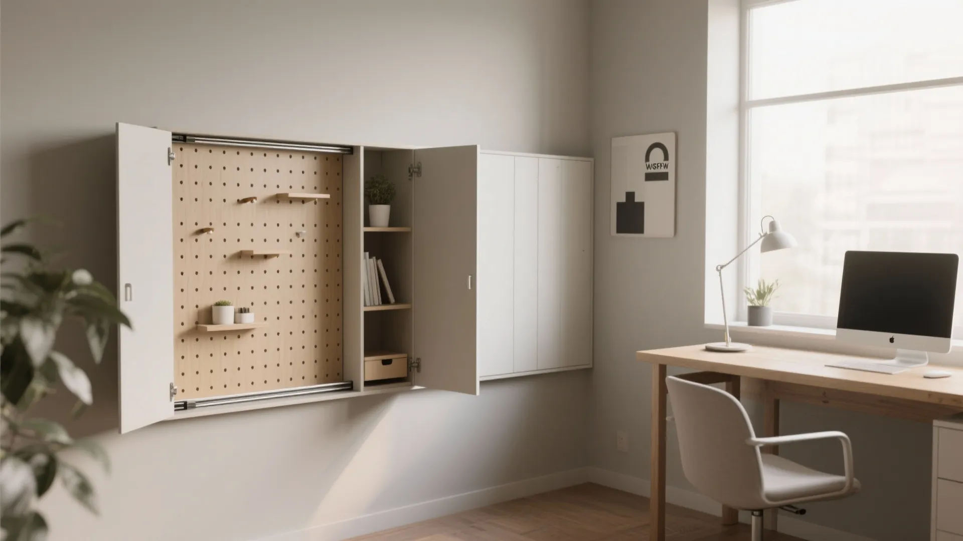 Pegboard sliding to reveal hidden storage cabinet