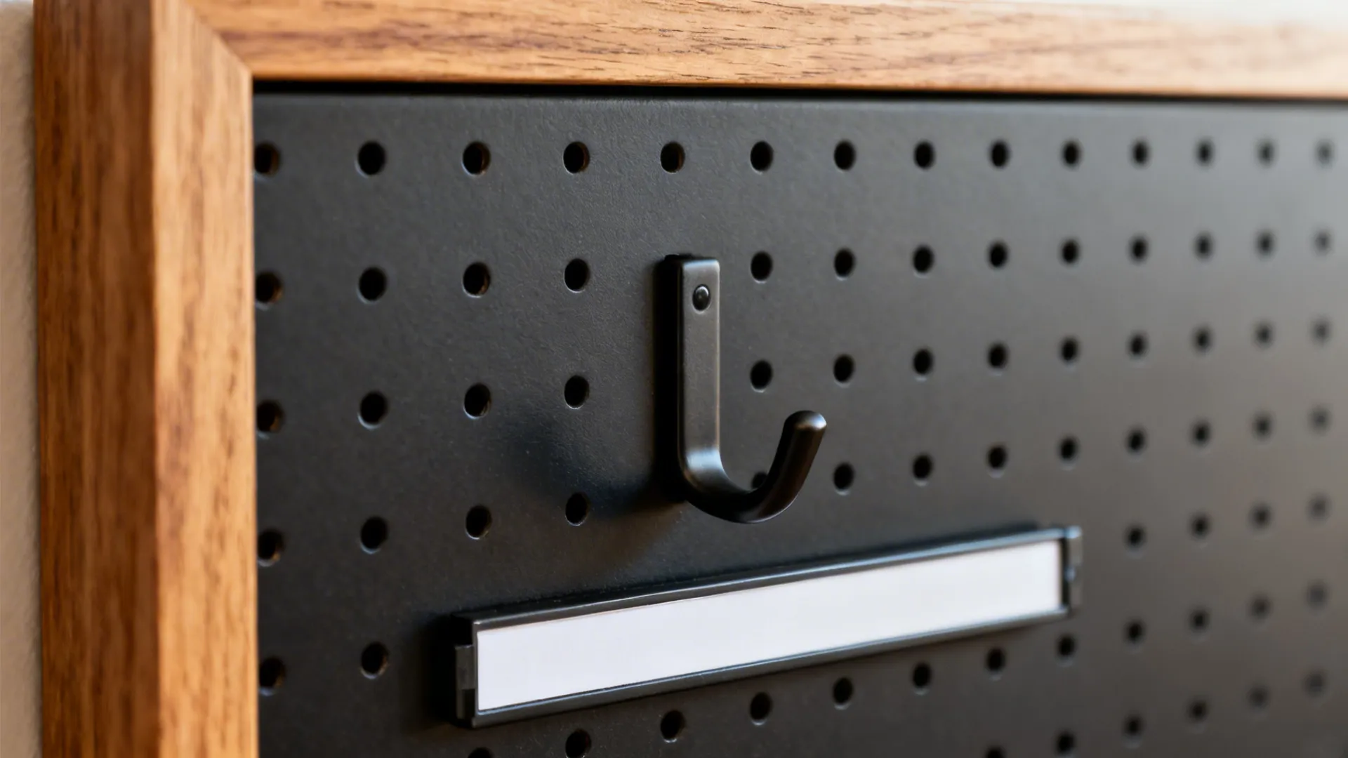 Close-up of a matte pegboard with oak trim and a powder-coated hook with a magnetic label rail.
