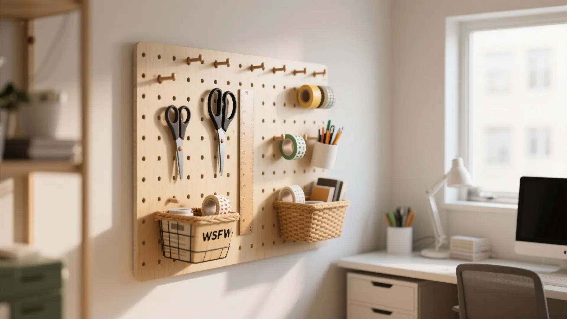 Wooden pegboard mounted on white wall with scissors, tape, and small baskets above home desk