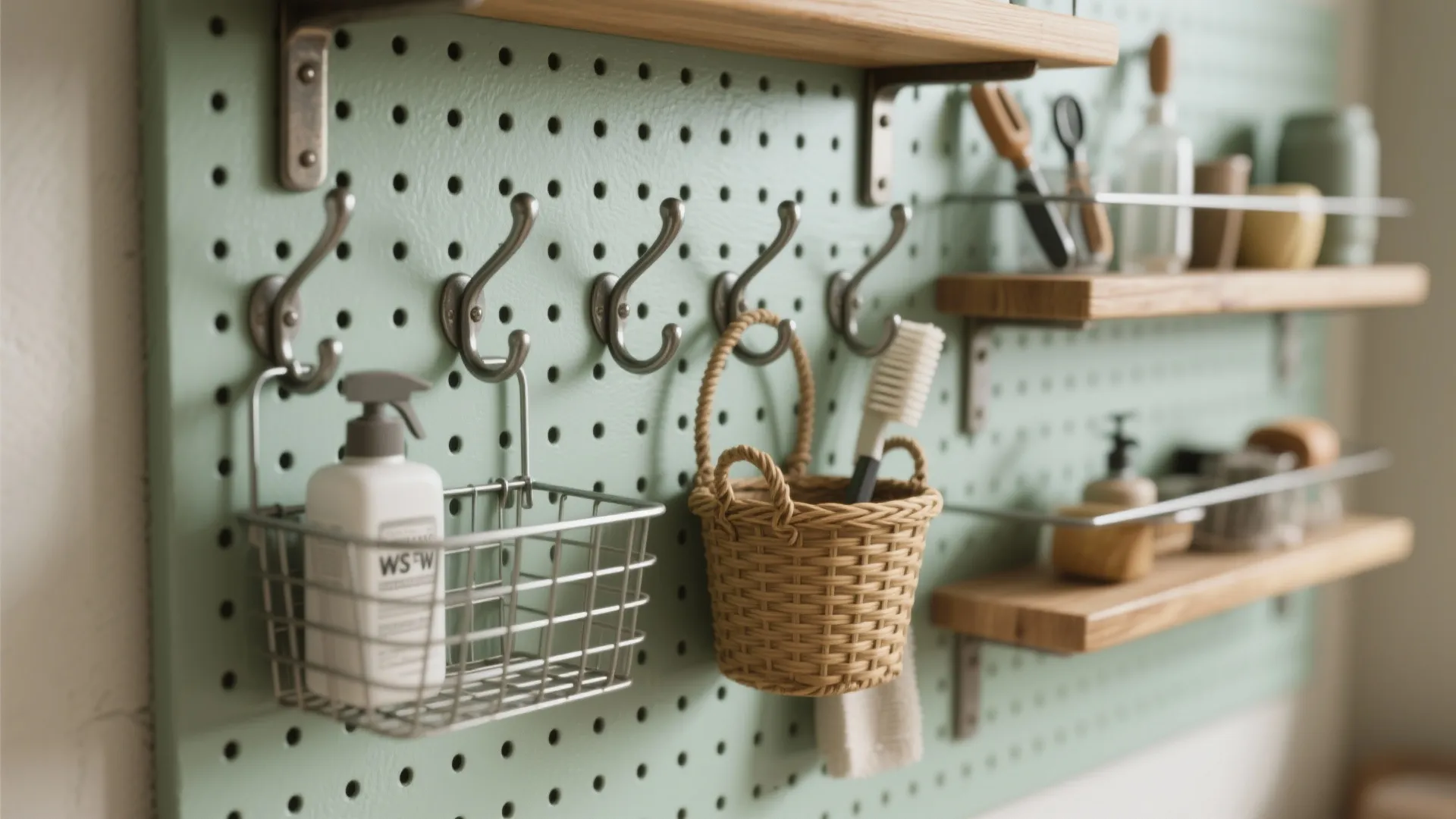 Green pegboard wall with metal hooks holding wire basket and small woven basket for laundry organization