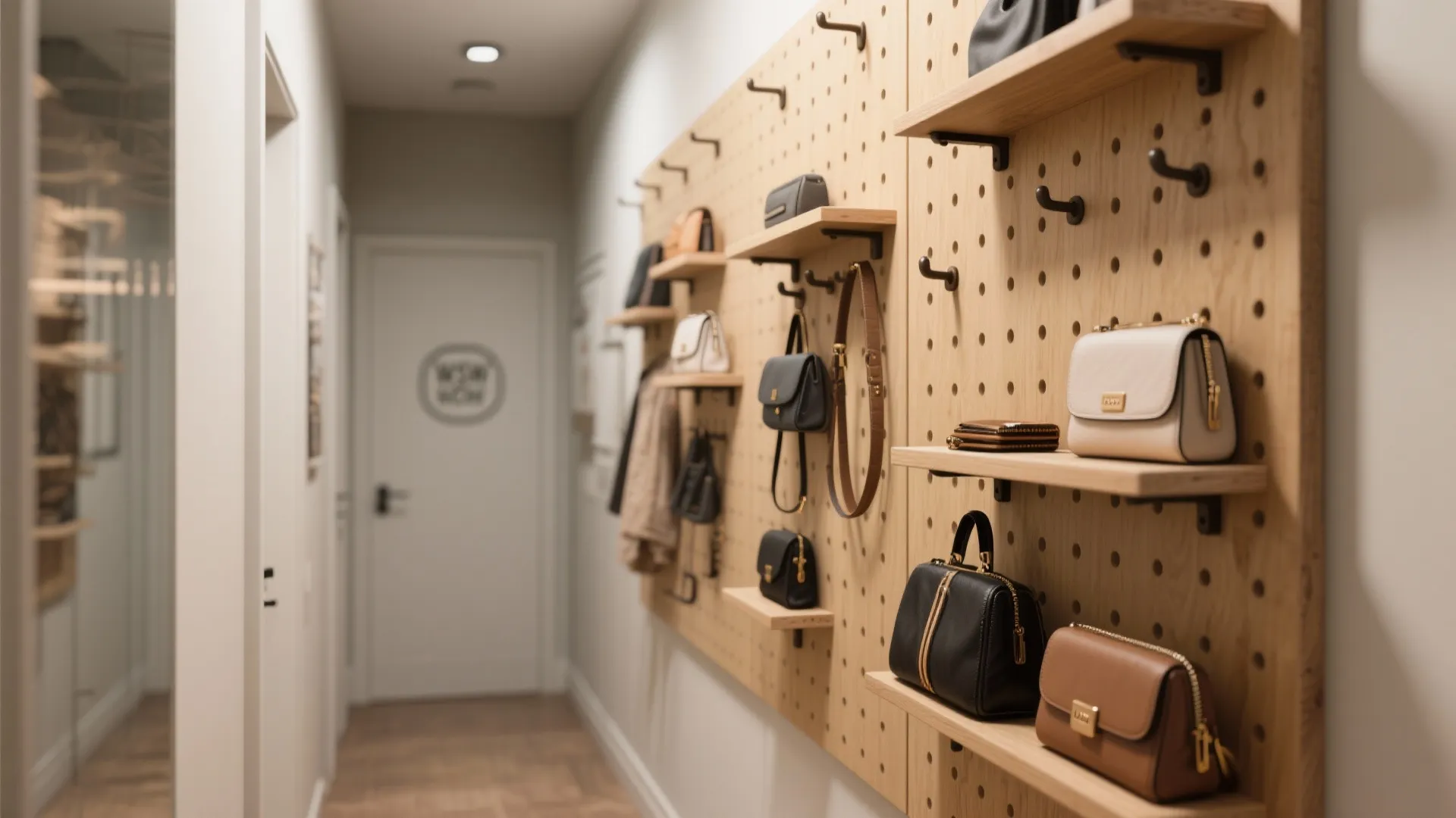 Wooden wall panel with hooks and shelves displaying various handbags in a narrow hallway entrance