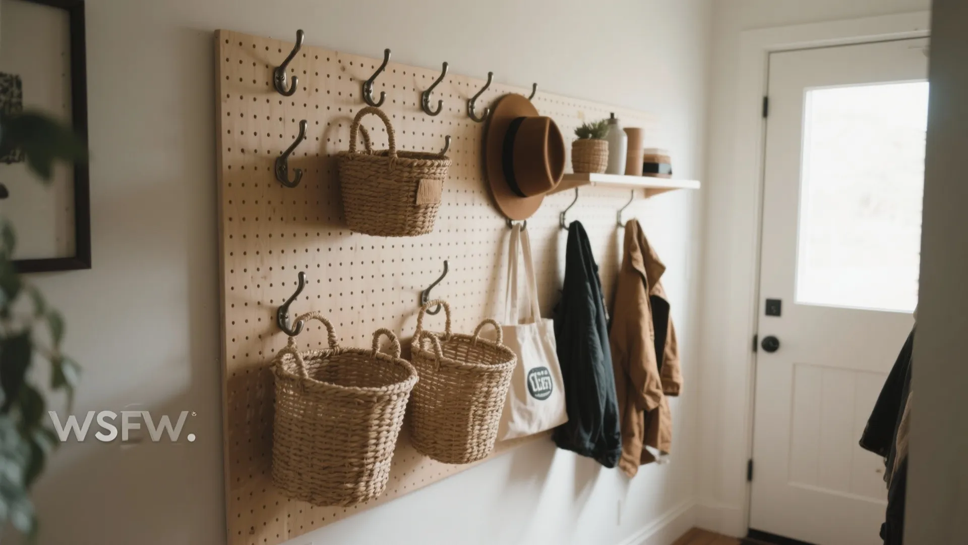 Wooden wall board with metal hooks holding storage baskets and brown hat in home entryway
