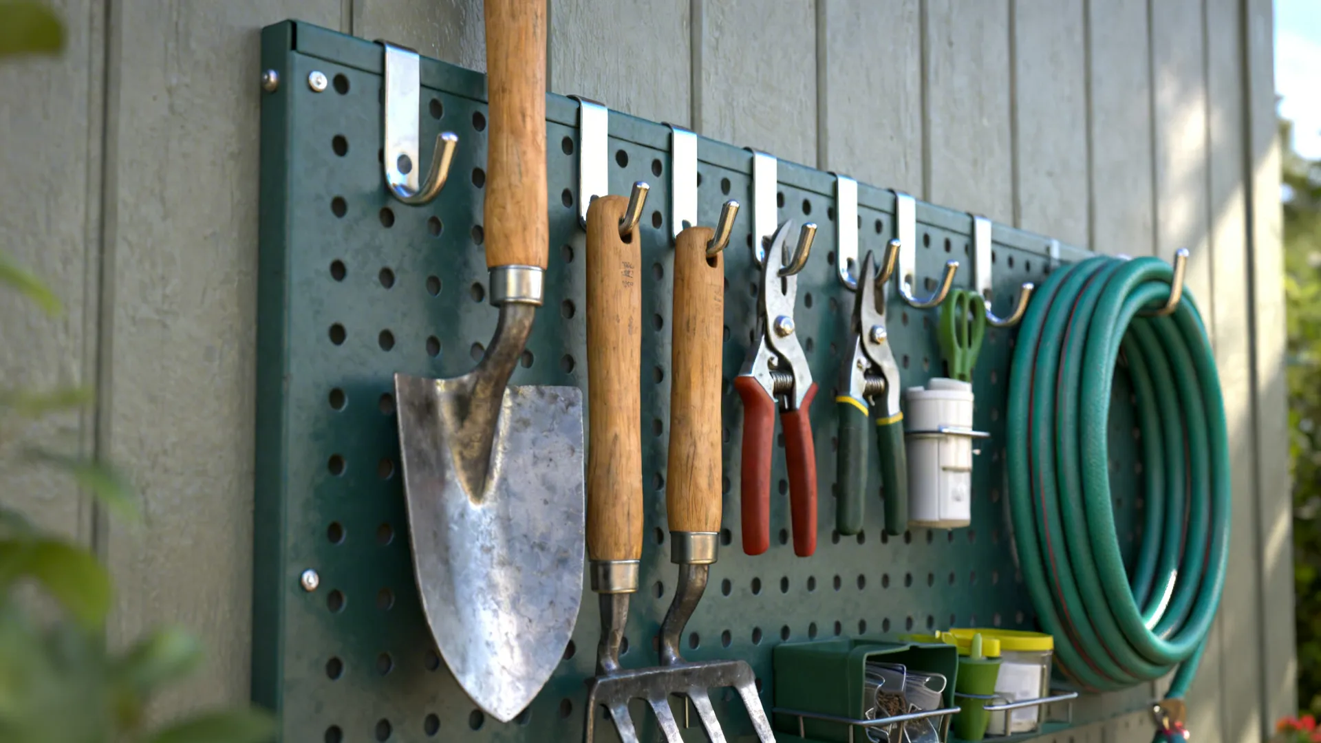 Weatherproof pegboard with stainless hooks neatly holding trowels, pruners, and a coiled hose on an outdoor wall.