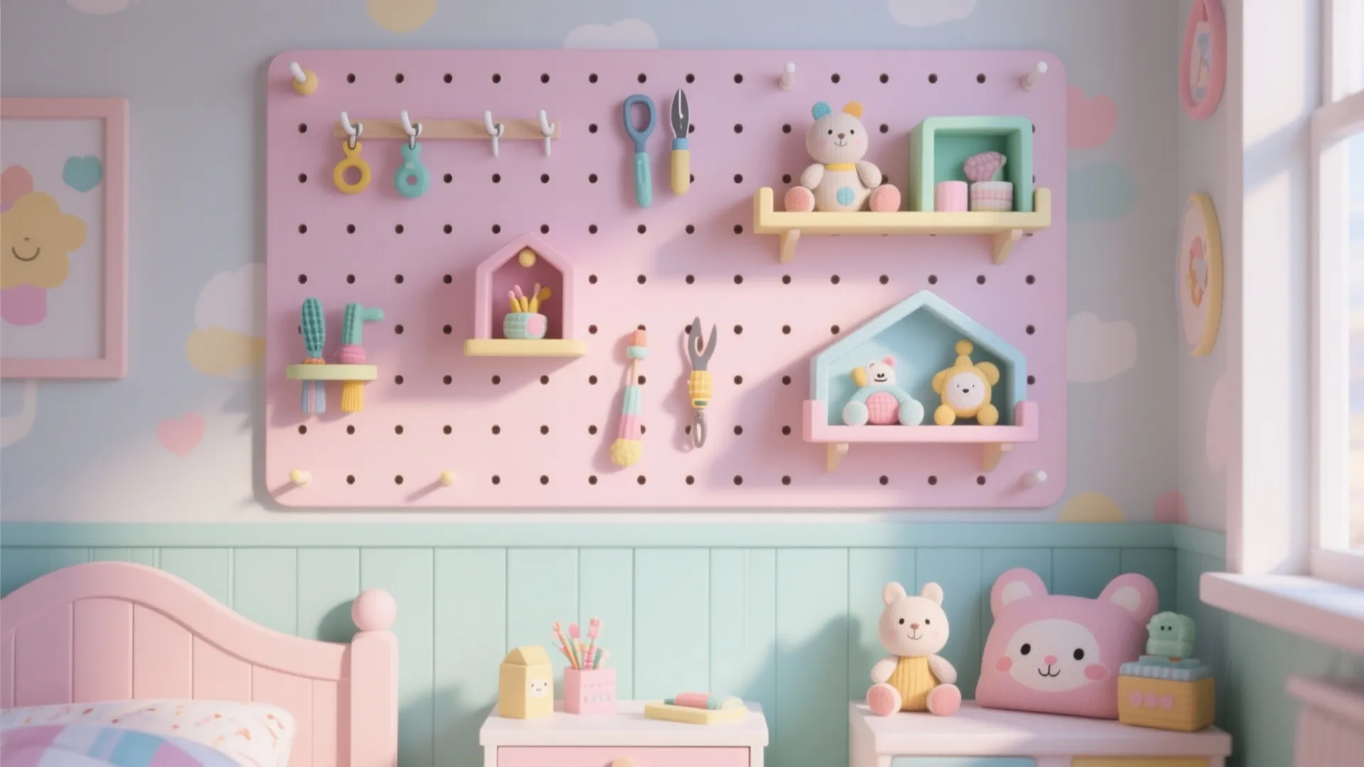 Pink pegboard wall organizer in a child room holding small toys and cute bear decorations