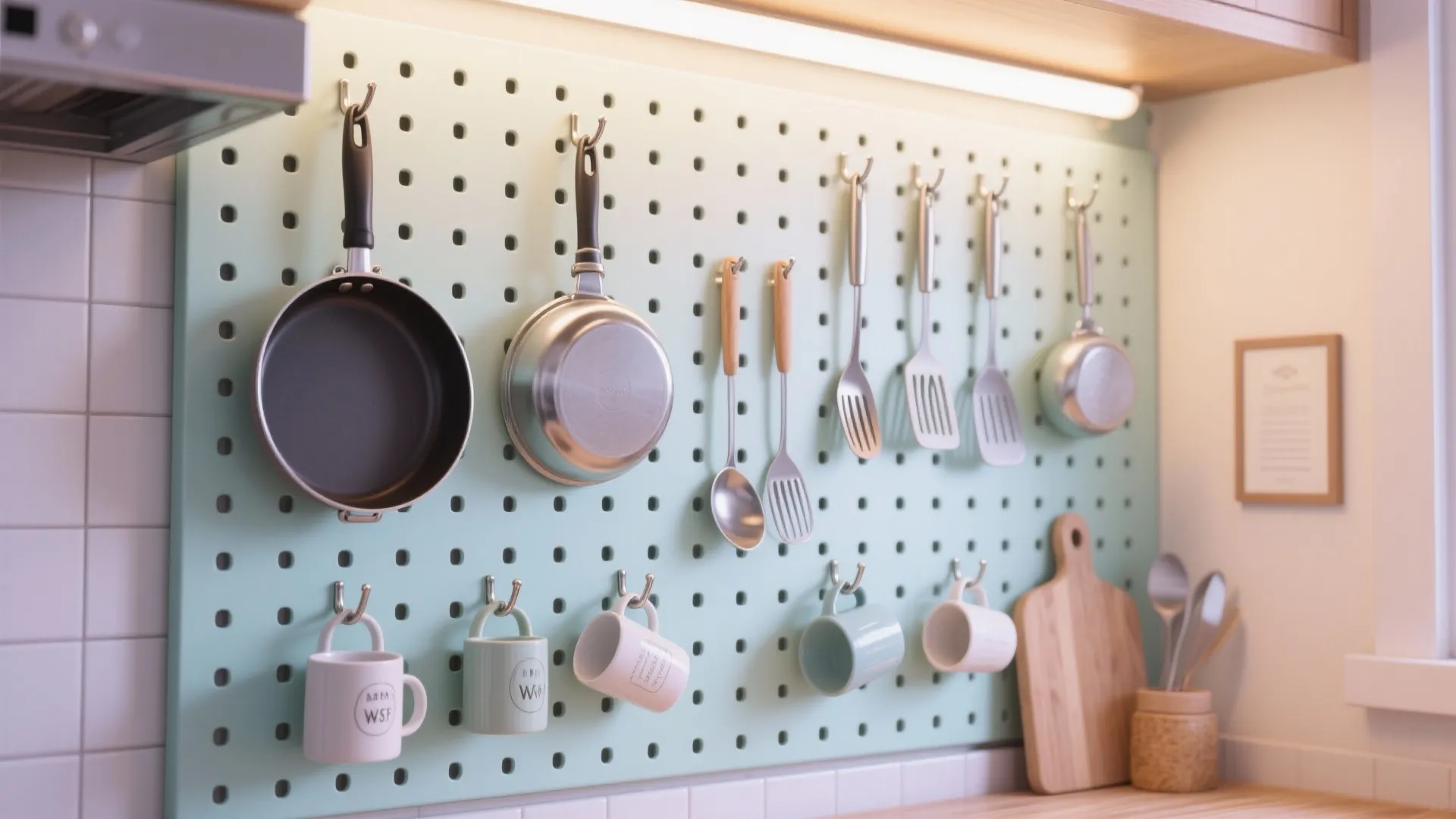 Mint green pegboard wall organizer holding kitchen pans and coffee mugs with a light fixture