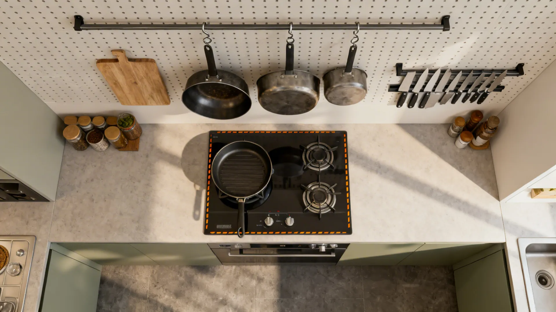 Top-down view of a galley kitchen layout with pegboard, rails, and clear work zones.