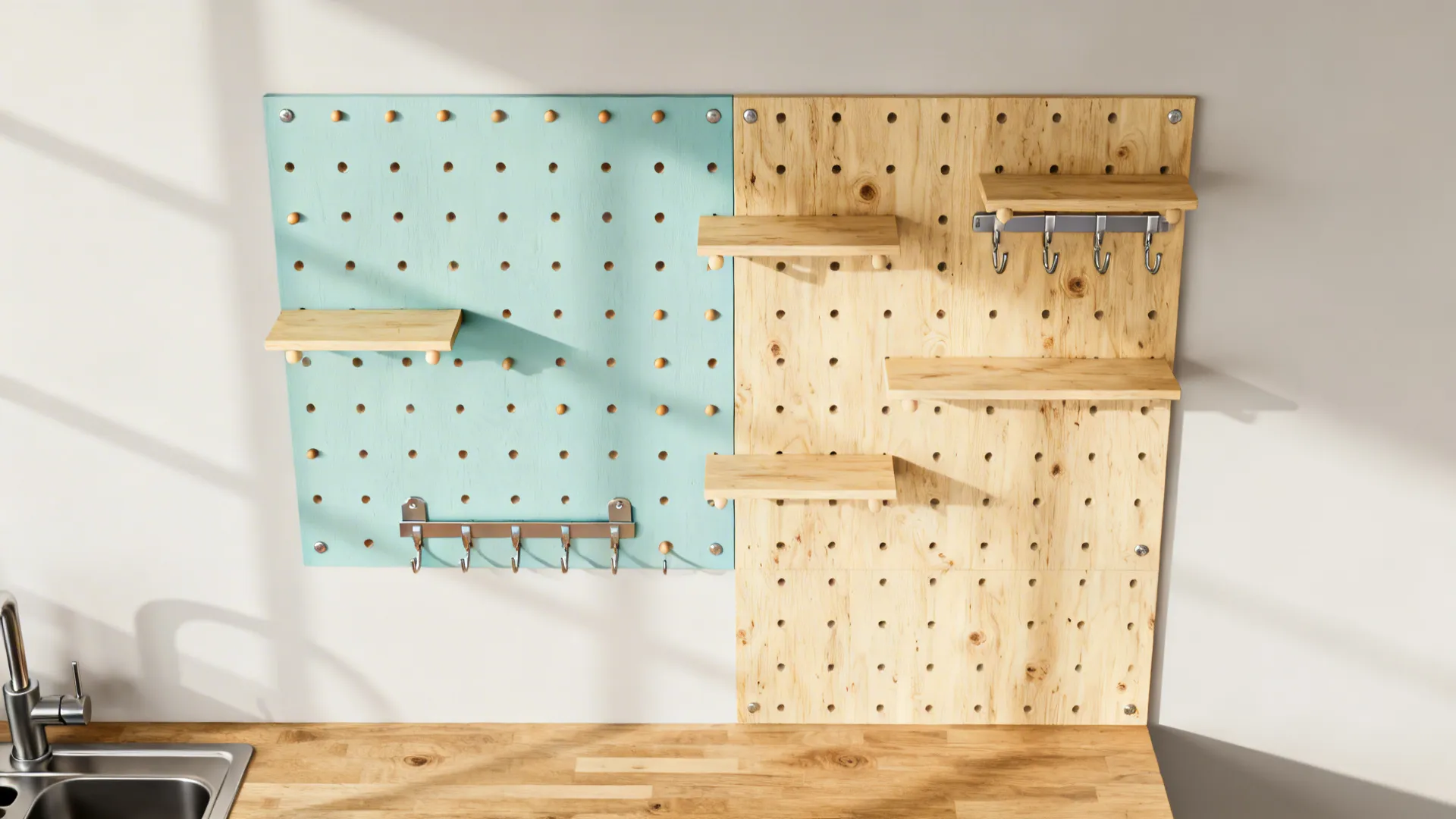 Top-down pegboard plan showing standoff spacing and two color-blocked tool zones.