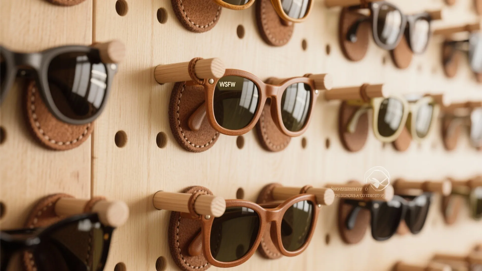 Wooden pegboard wall organizer with round leather pads and pegs displaying multiple pairs of stylish sunglasses