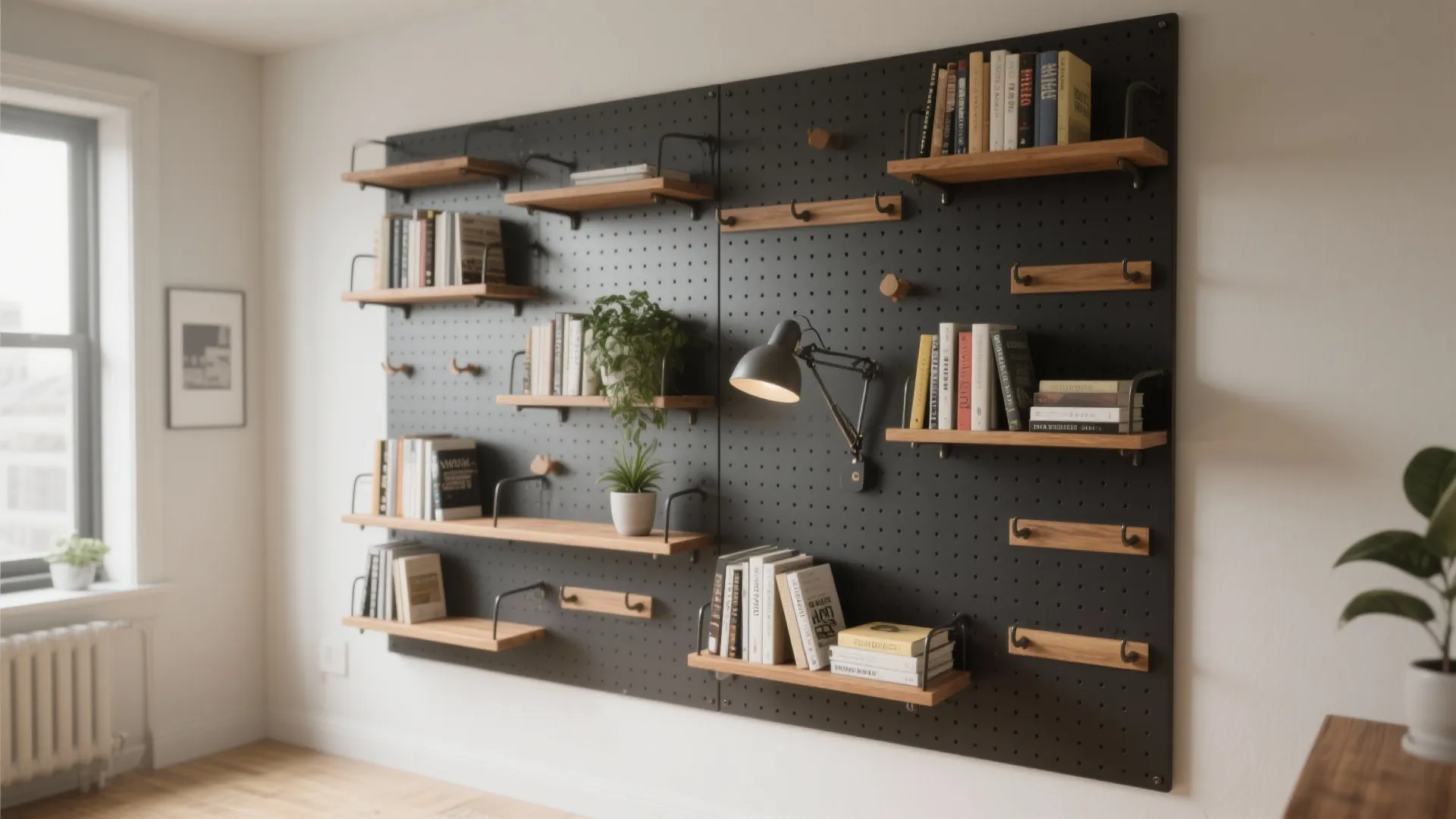 Black pegboard wall organizer with several wooden shelves holding many books and green potted plants