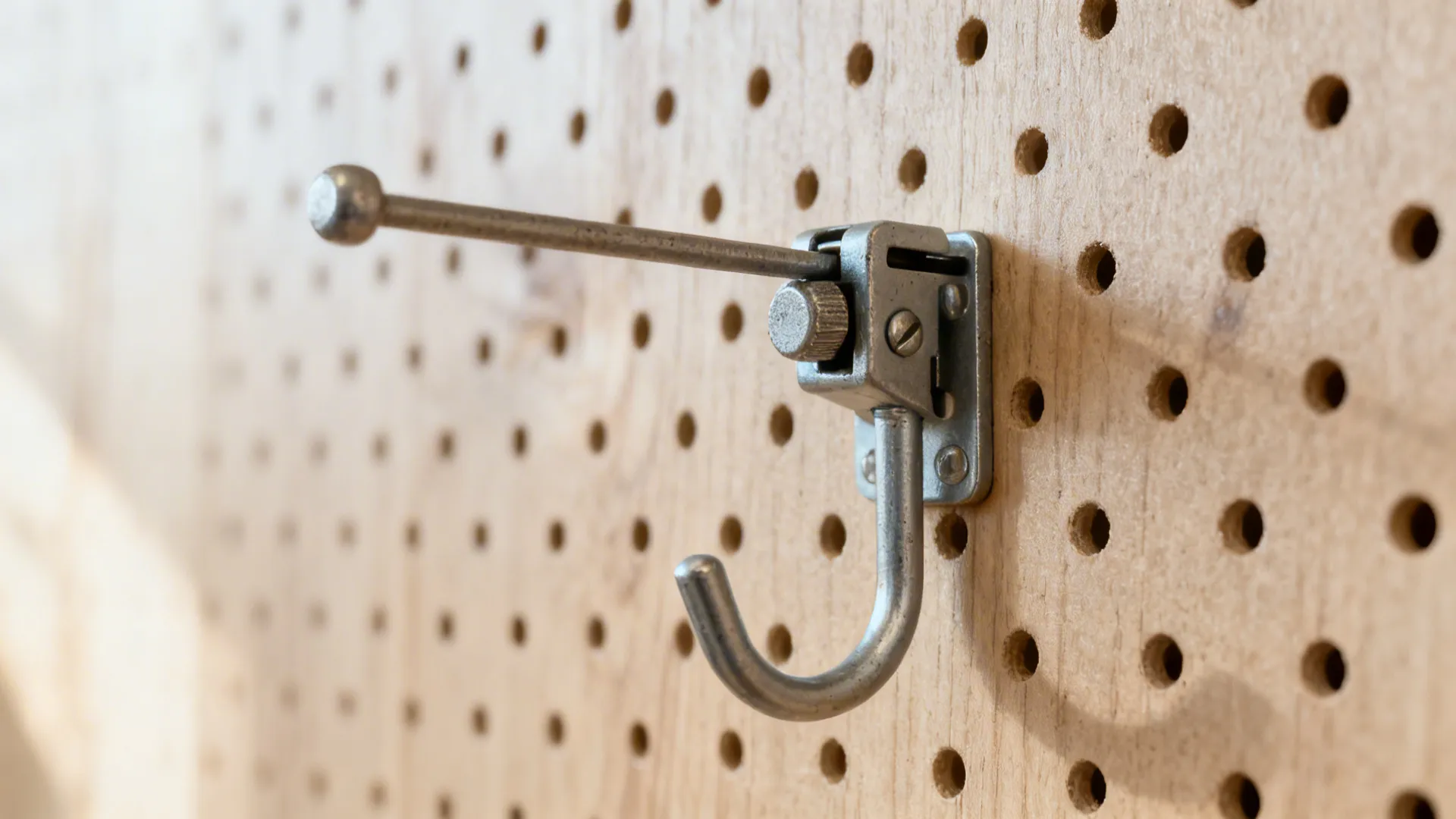 Macro of a locking pegboard clip holding a heavy tool on a matte white board.
