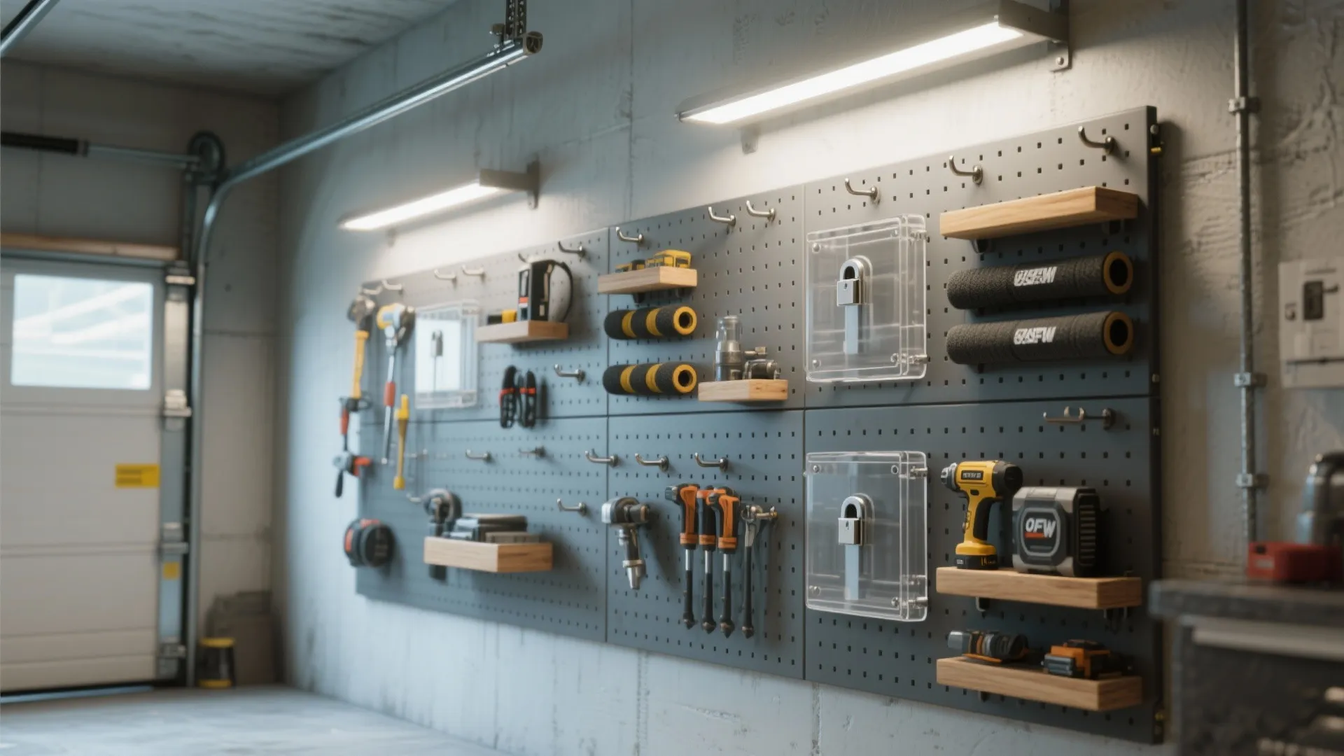Garage wall storage system with grey pegboard panels holding various tools and wood display shelves