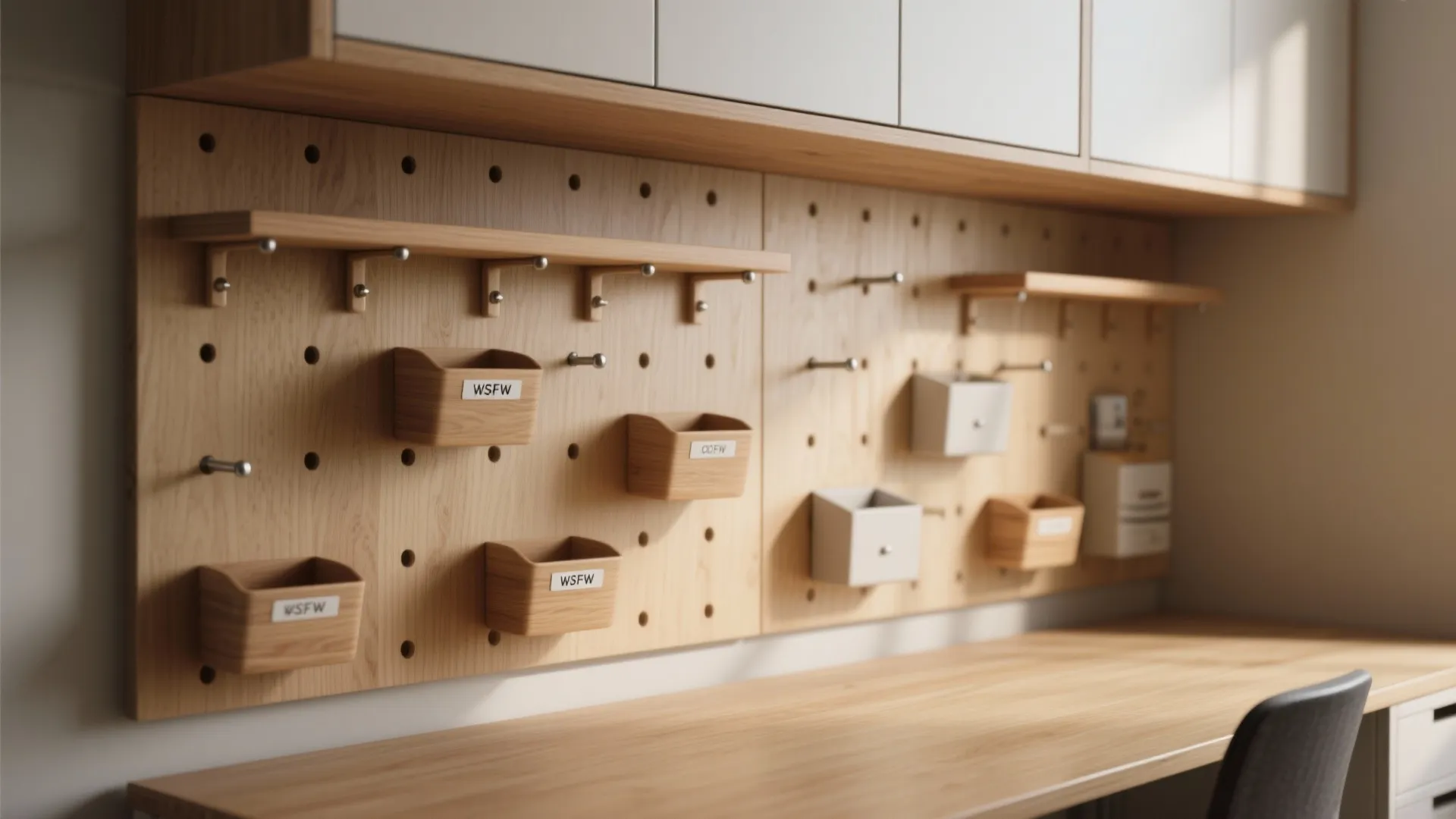 Wooden wall pegboard organizer with shelves and small boxes above a clean home office desk