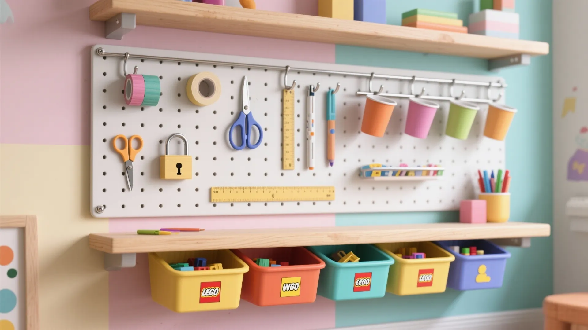 White wall pegboard with colorful craft tools scissors and storage bins for organized kids room