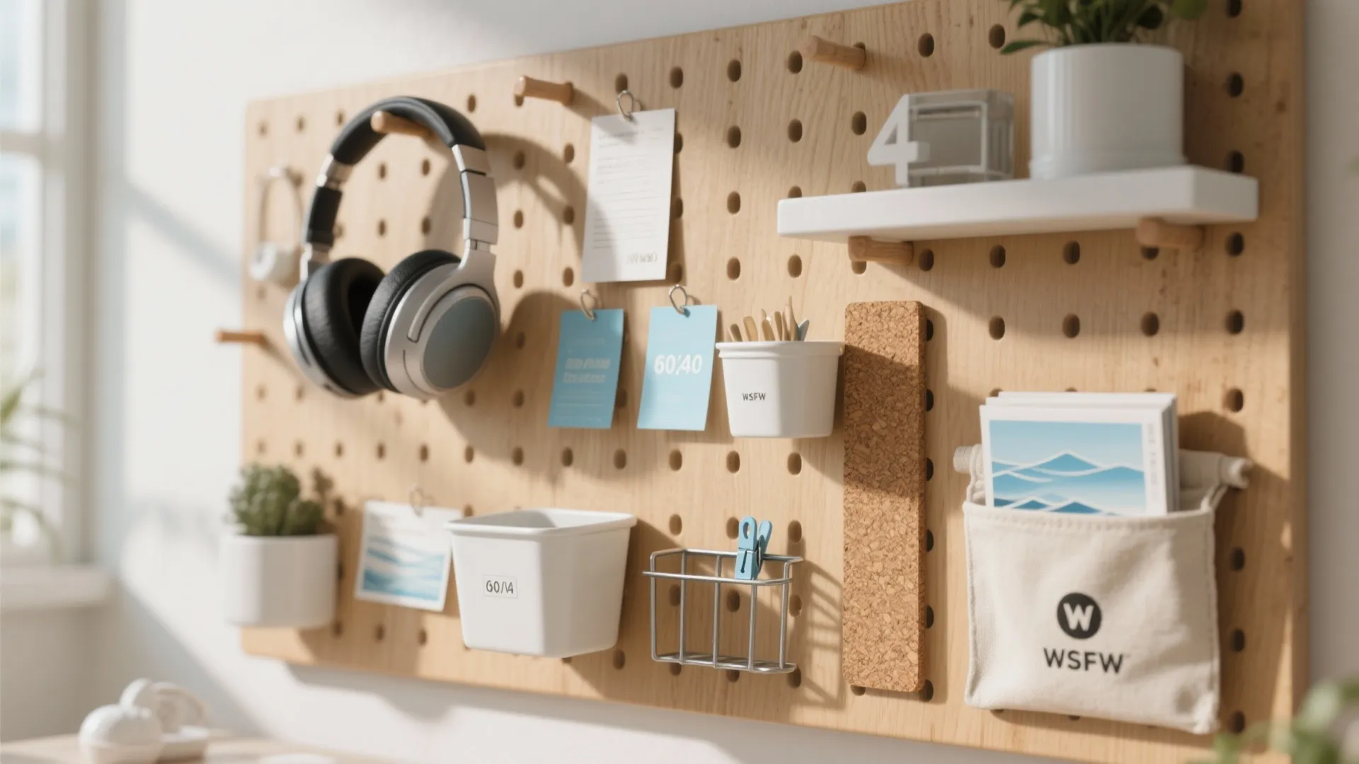 Wooden wall organizer with headphones small storage bins and notes for a clean workspace setup