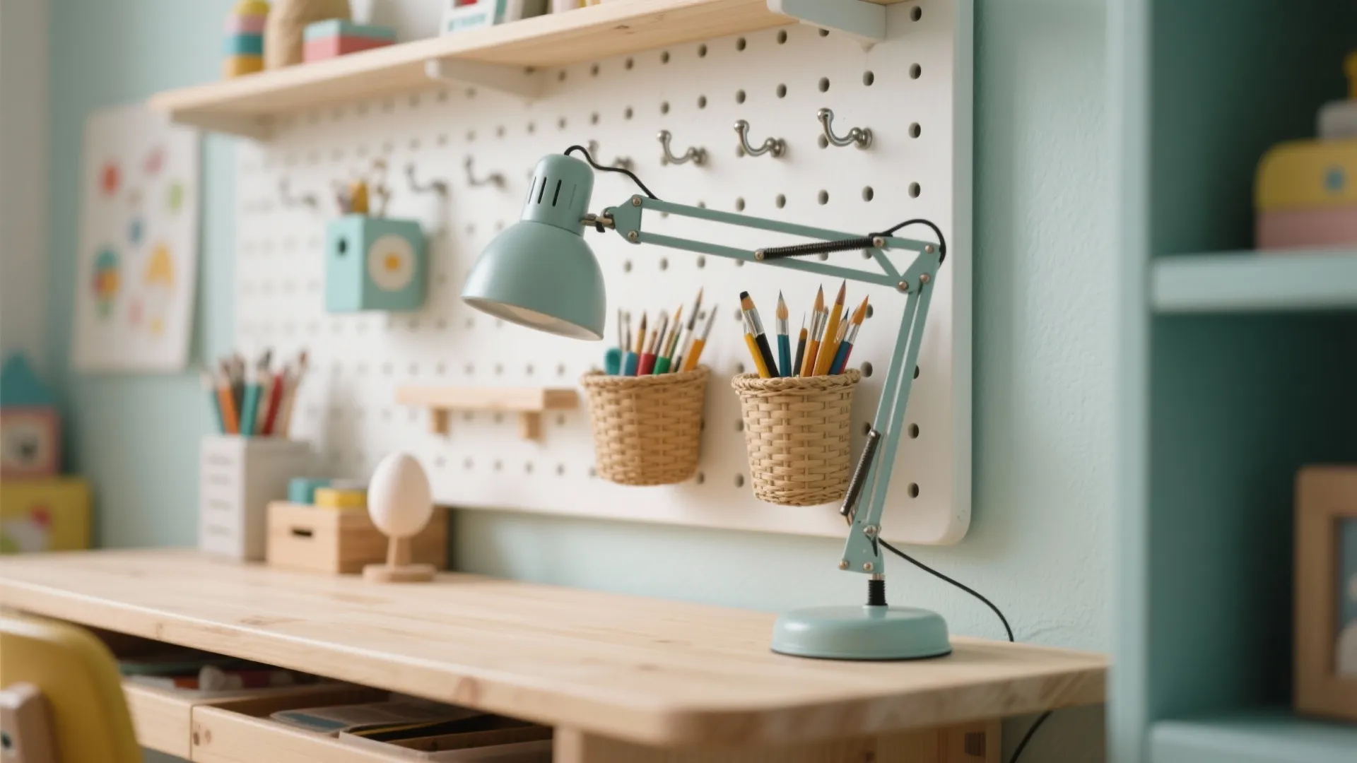 Grow-with-Me Study Nook (Pegboard + Adjustable Task Light)