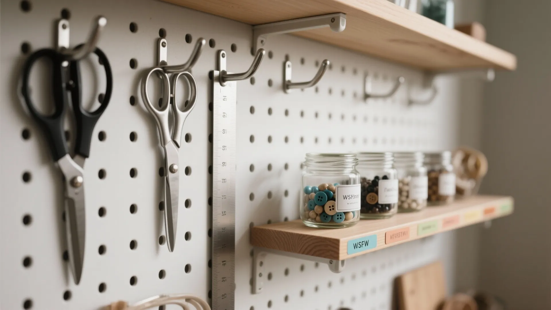 White pegboard wall with metal hooks holding scissors and ruler next to small wooden shelves