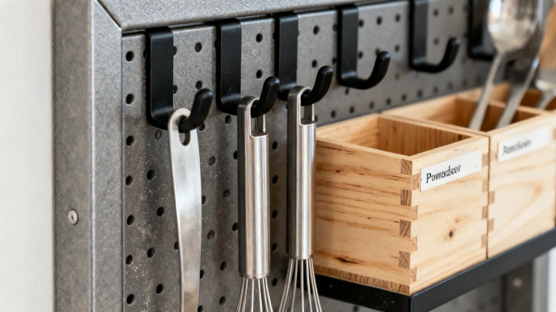 Macro of pegboard with black hooks and stainless utensils beside labeled birch bins.