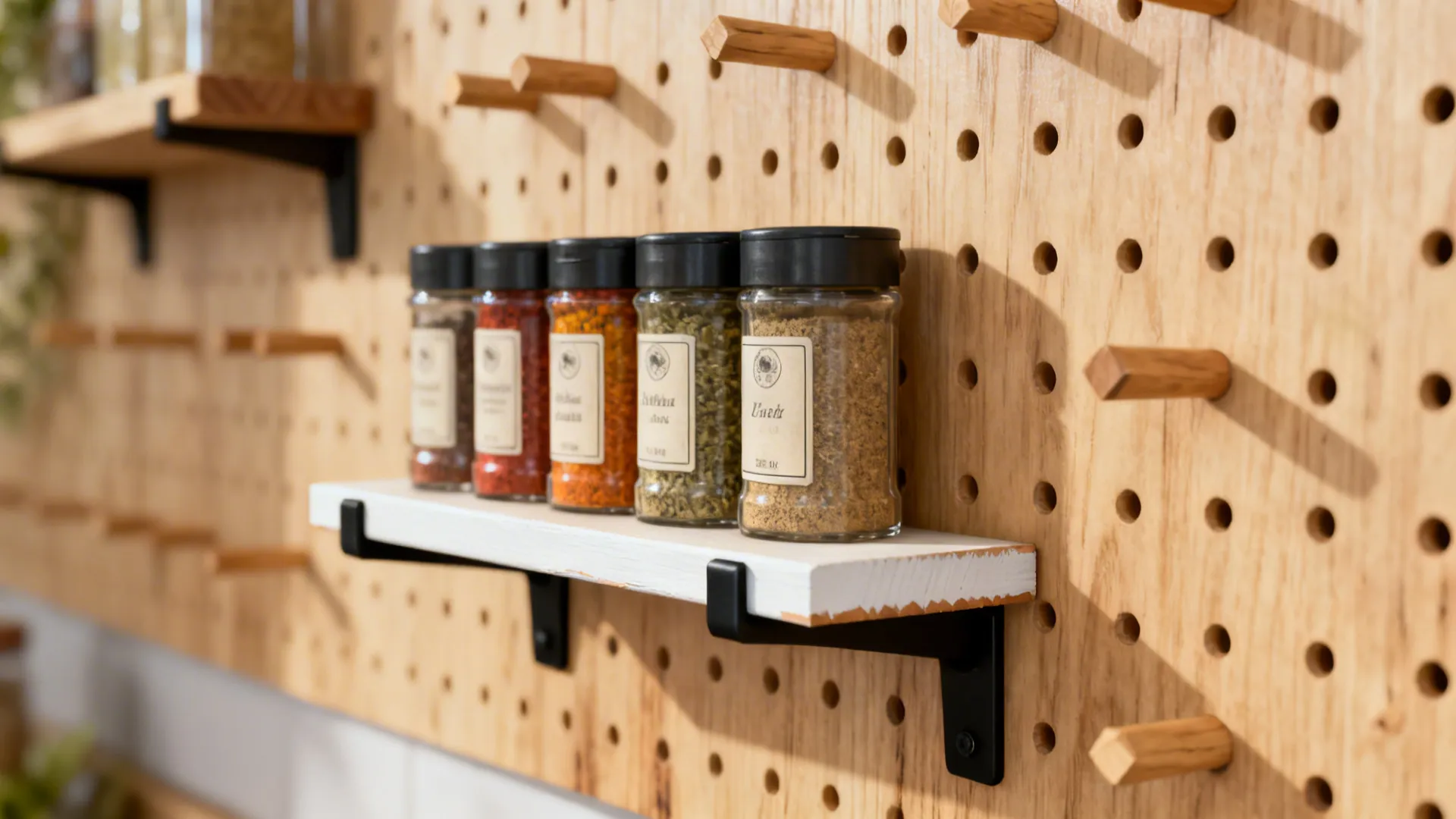 Macro detail of plywood pegboard with wooden pegs and a slim shelf holding spice jars.