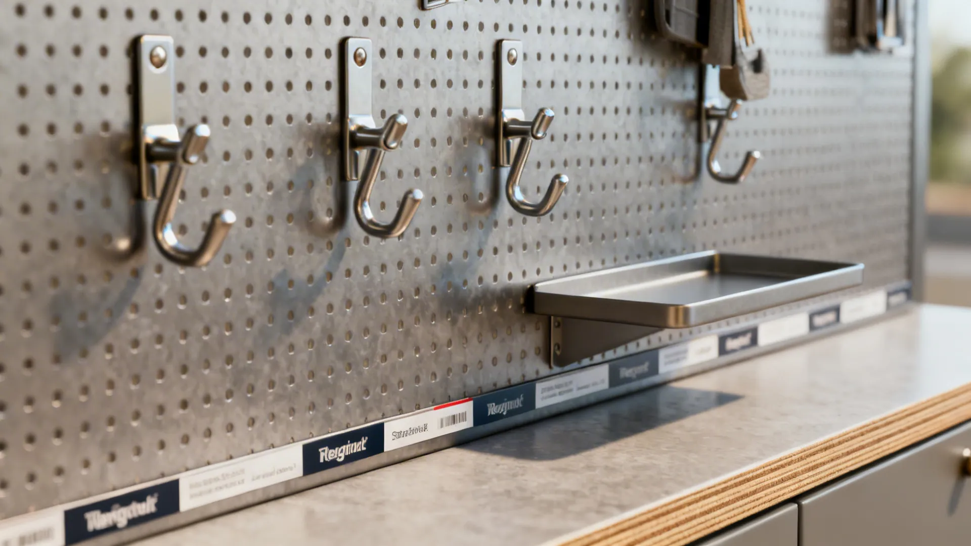 Close-up of perforated metal pegboard with premium hooks and tidy label strip.