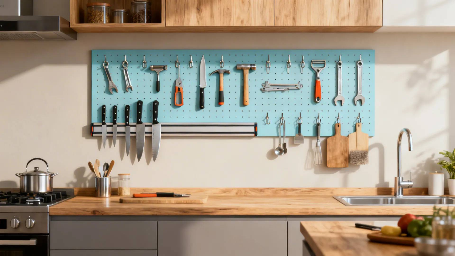 Magnetic knife strip and pegboard with organized kitchen tools displayed.
