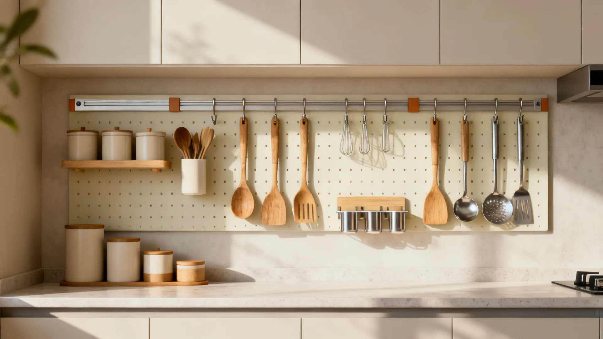 Kitchen pegboard and magnetic strip with organized utensils and matching containers.