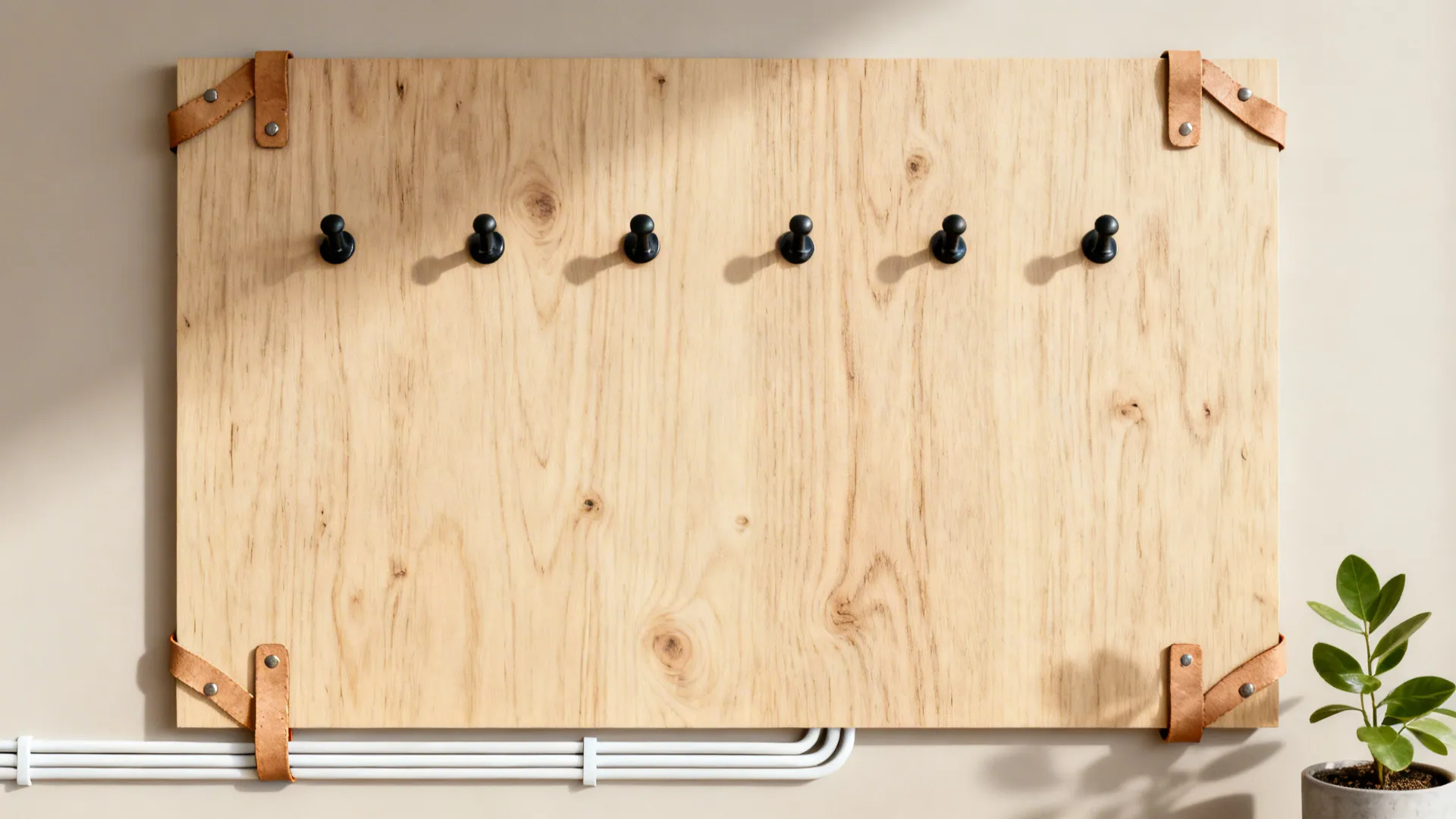 Flat lay of plywood, matte black pegs, leather straps, and white cable channels for a media wall.