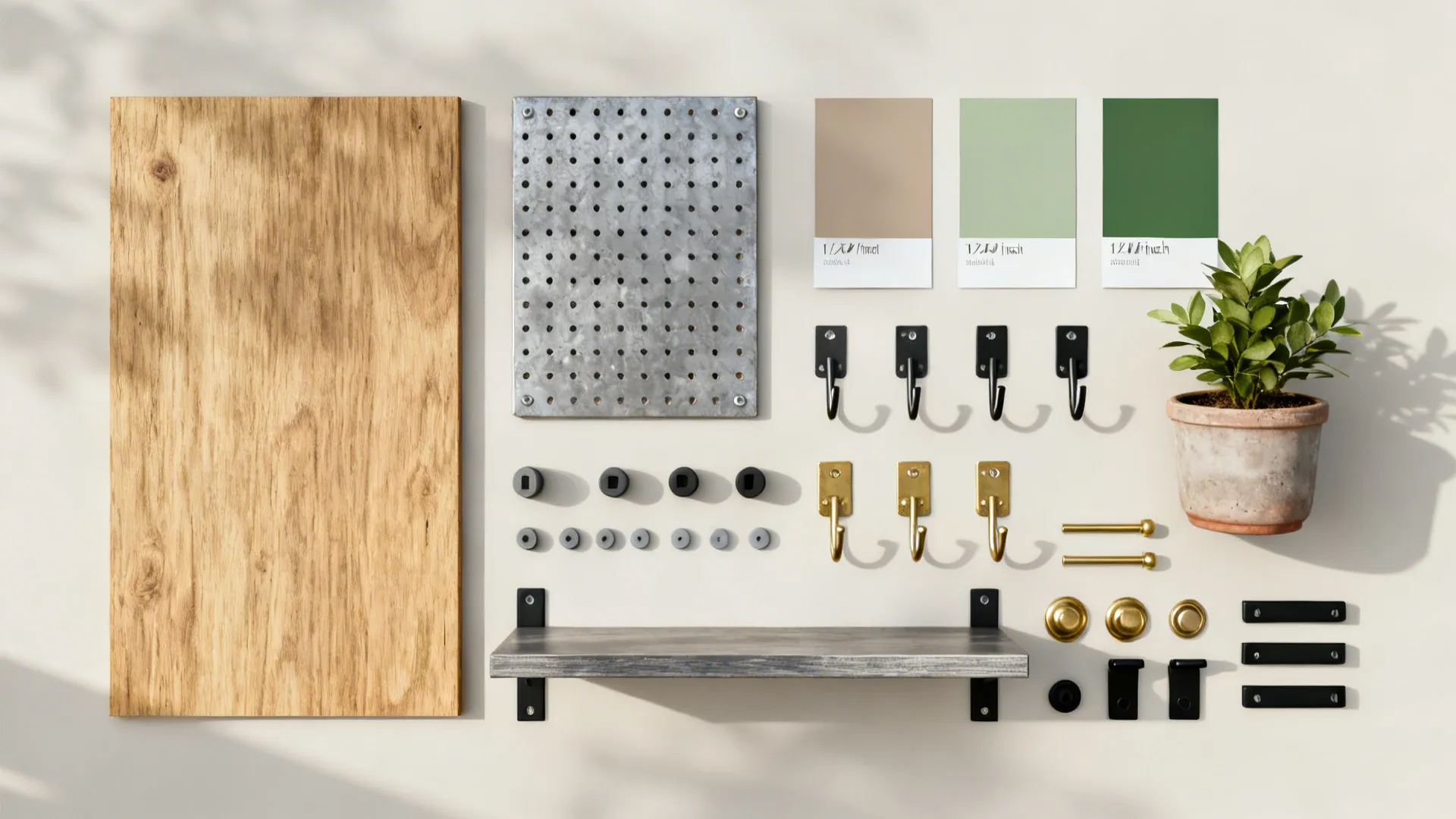 Top-down layout of pegboard panels, spacers, hooks, shelf, plant pot, and warm neutral paint swatches.