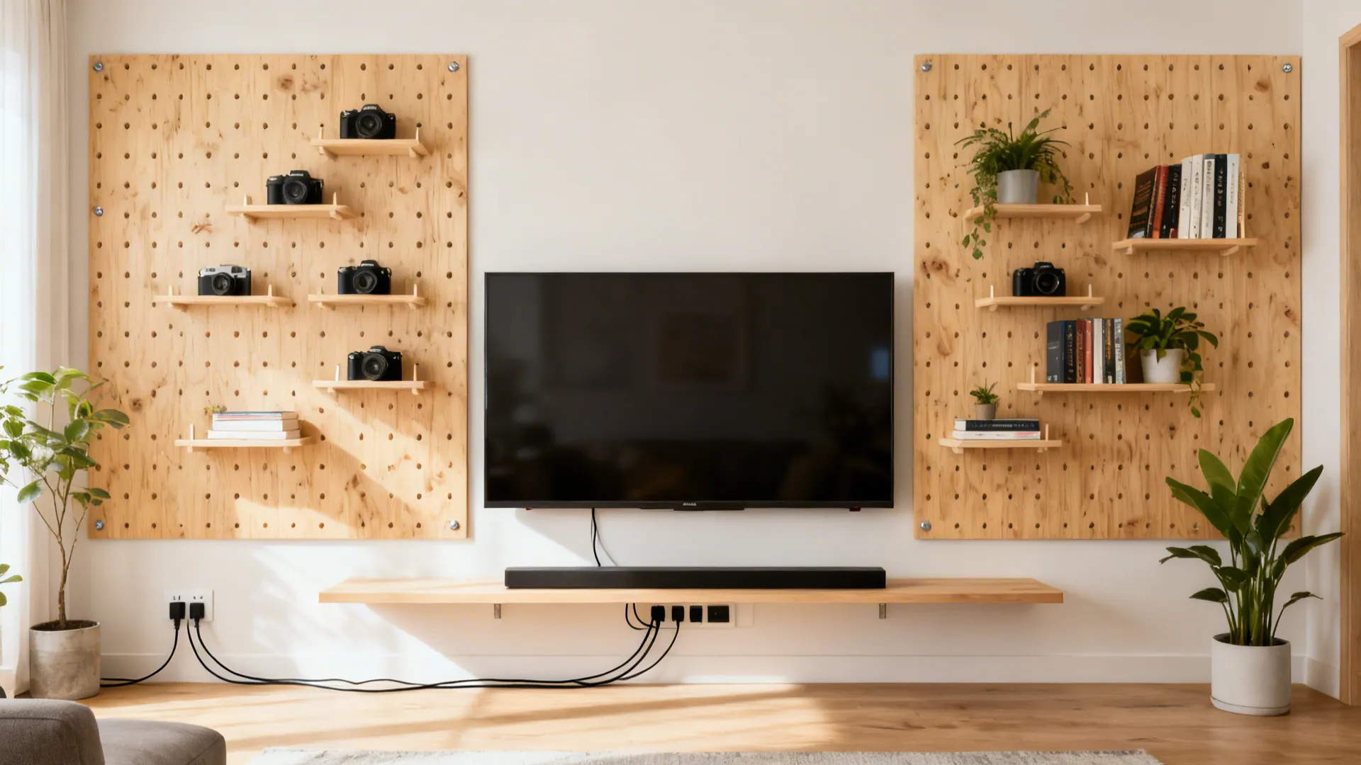 Plywood pegboard shelves flanking a large TV with a slim floating console beneath.
