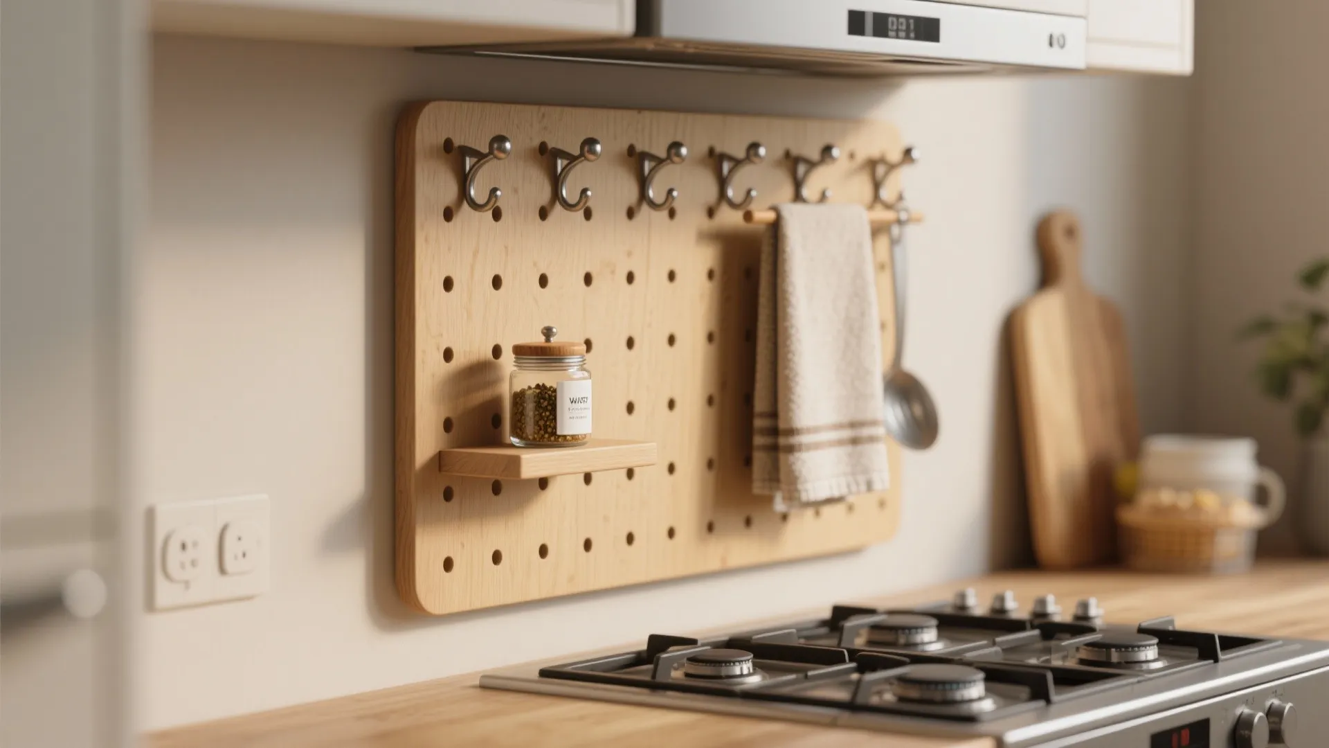Wooden pegboard kitchen organizer with hooks and small shelf placed above a modern gas stove