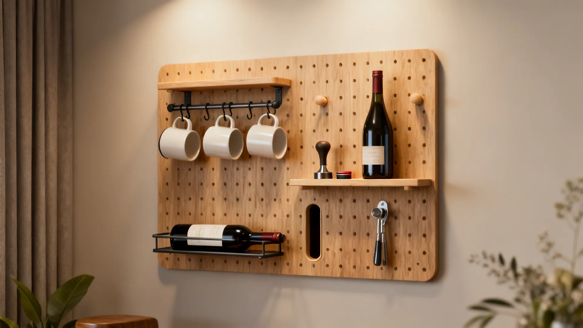 Wall-mounted pegboard with hooks, shelves and accessories arranged for coffee and wine.