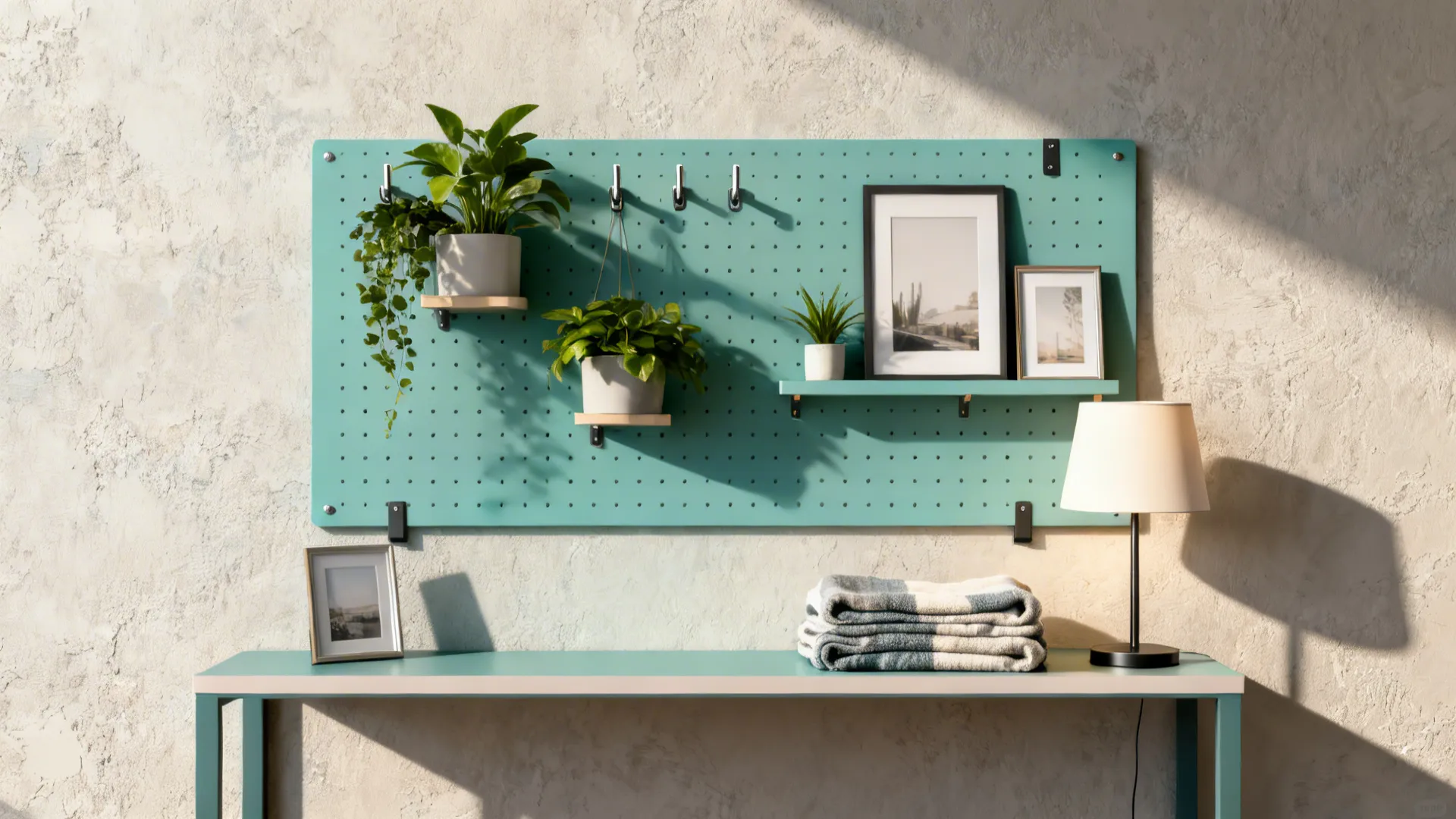 Pegboard wall with hooks, plants, frames and blankets above a narrow console in a small living room.