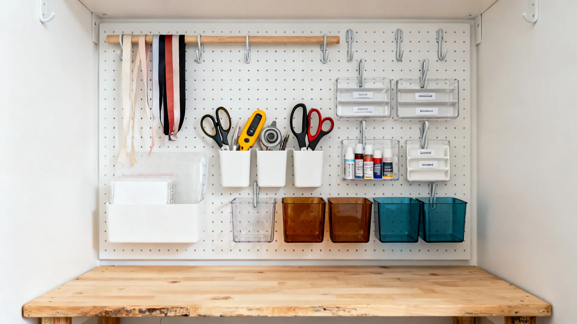 White pegboard craft wall with modular clear bins, hooks, and ribbon dowel above a clean wood desk.