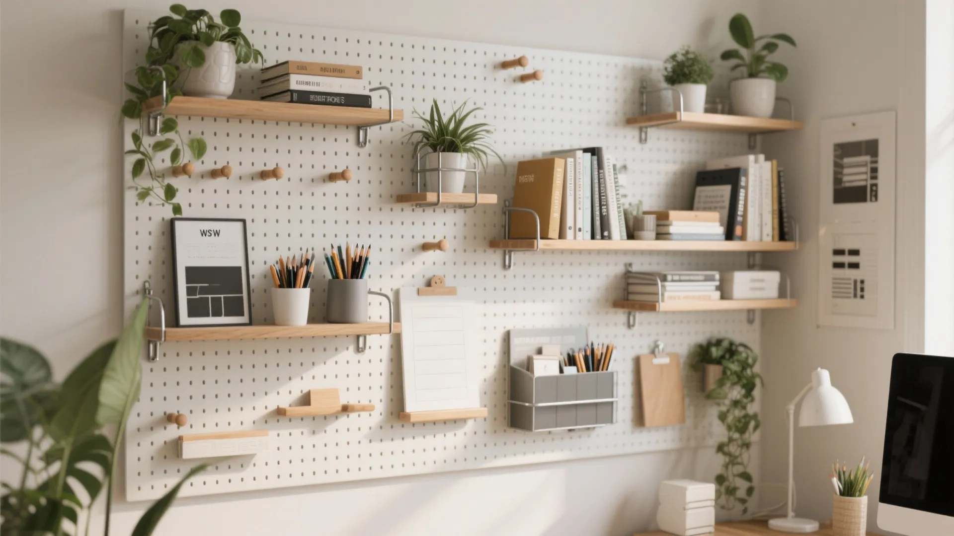 4. Pegboard Wall with Modular Shelves