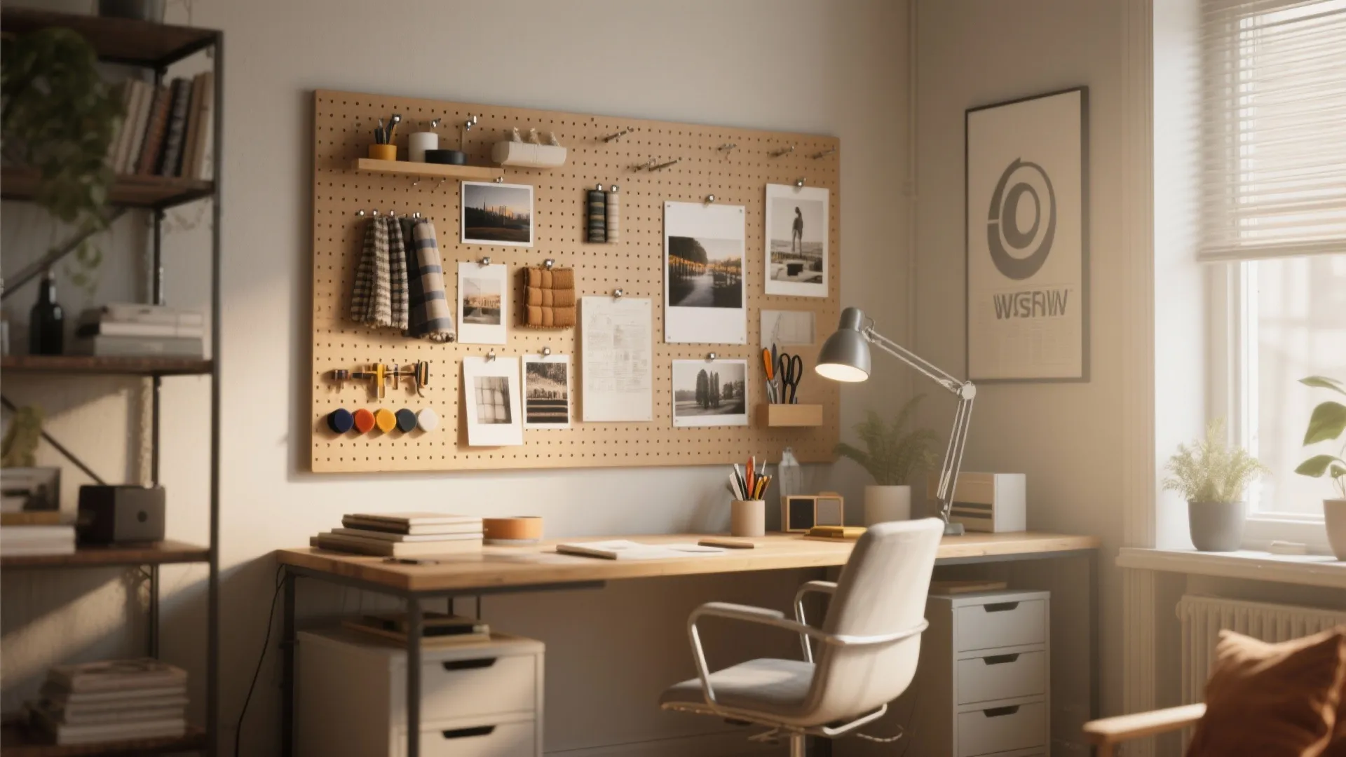 Pegboard showcasing moodboard items in a designer workspace