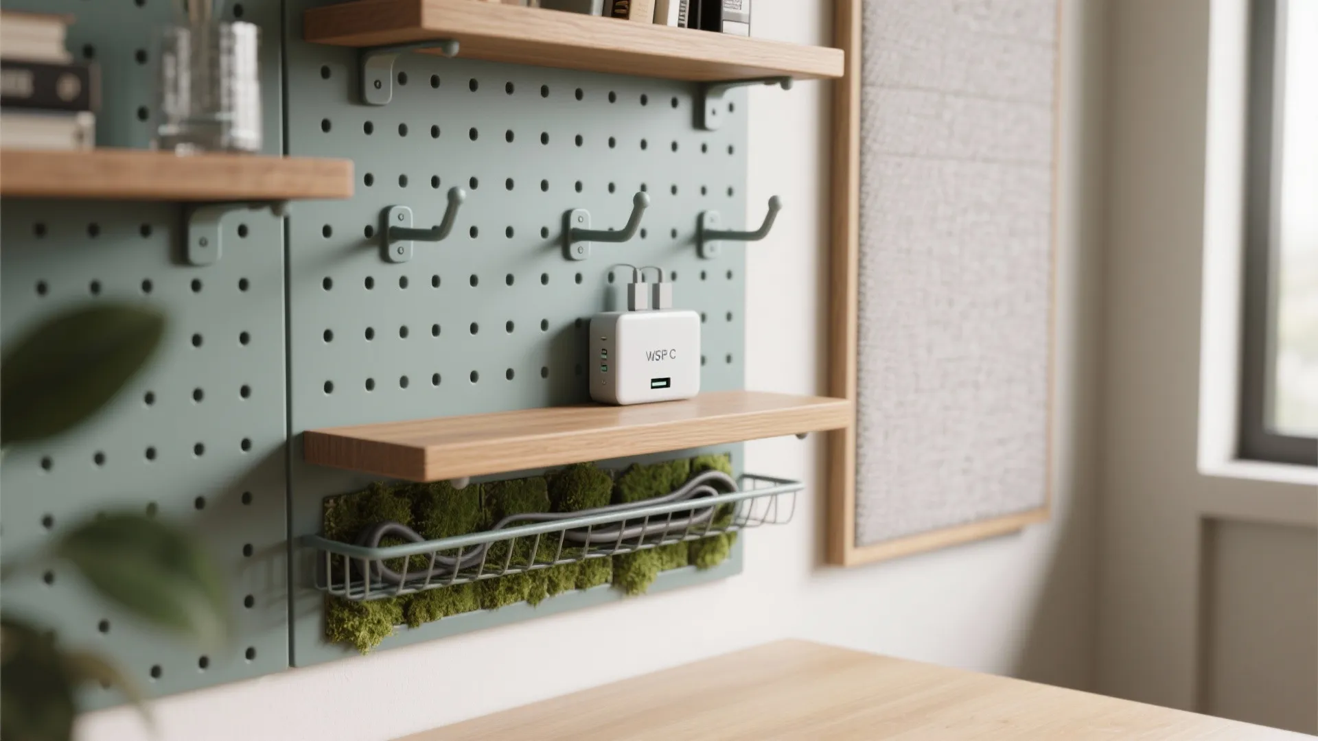Macro of pegboard storage with hooks, wood trim, preserved moss tile, and an unlabeled USB-C hub on a shelf.