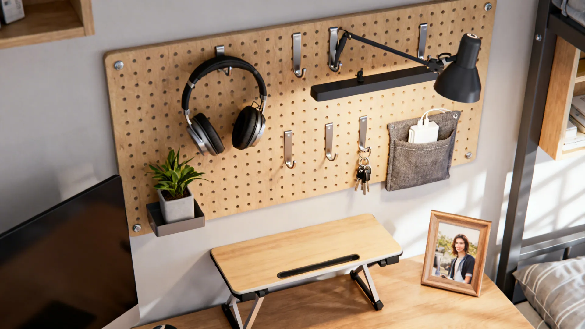 Modular pegboard above a desk holding headphones, lamp, plants, and a fold-down mini desk