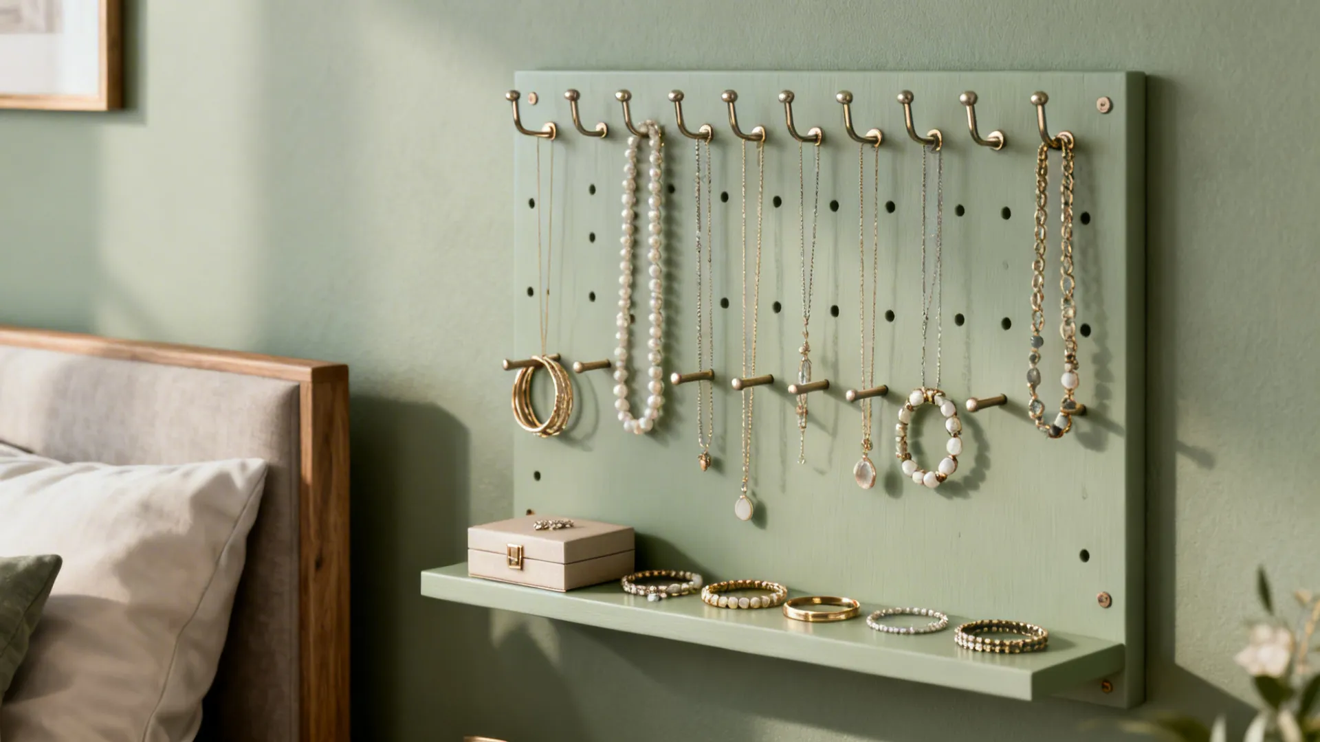 Slim painted pegboard on a bedroom wall with necklaces and bracelets neatly hung.