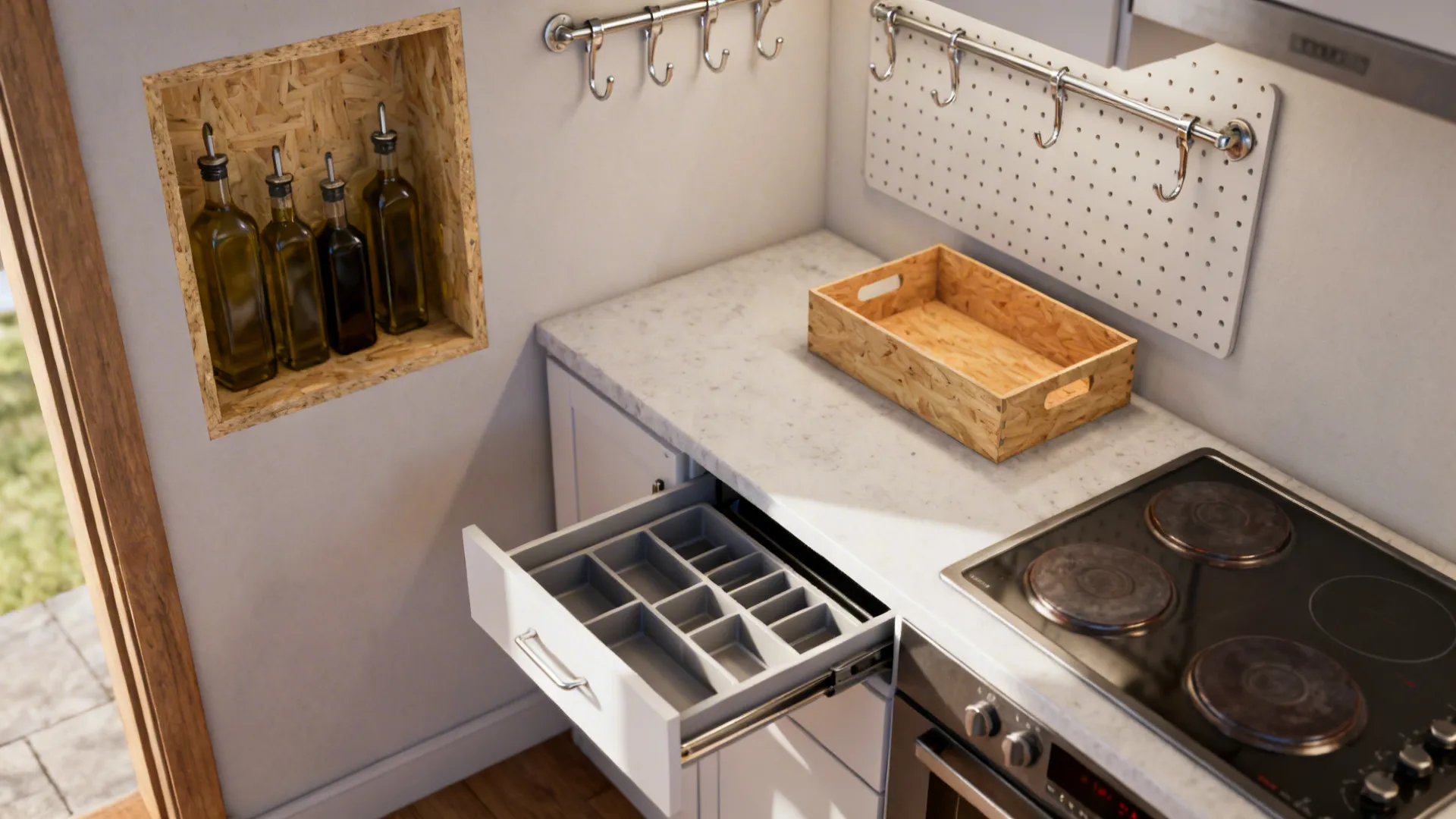 Top-down view of a toe-kick drawer, a recessed niche, and an organized pegboard in a small kitchen.