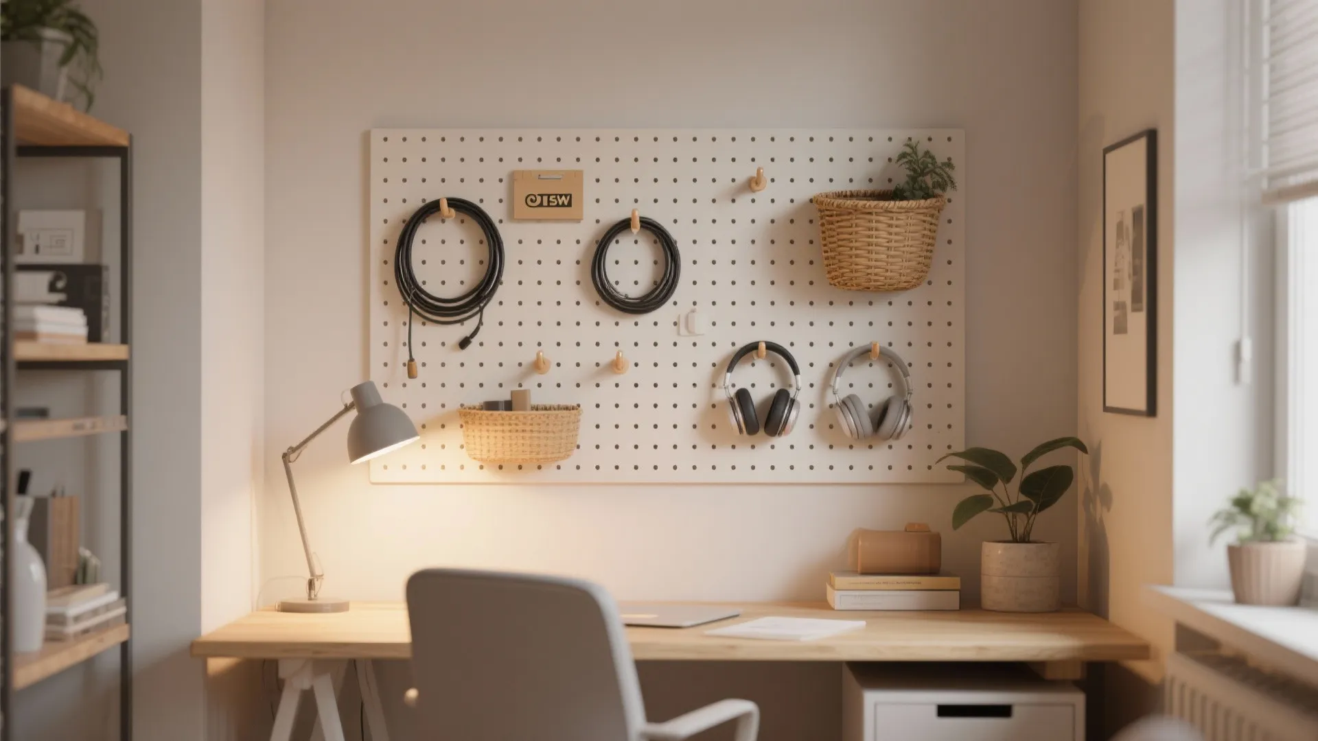3. Pegboard wall for flexible storage