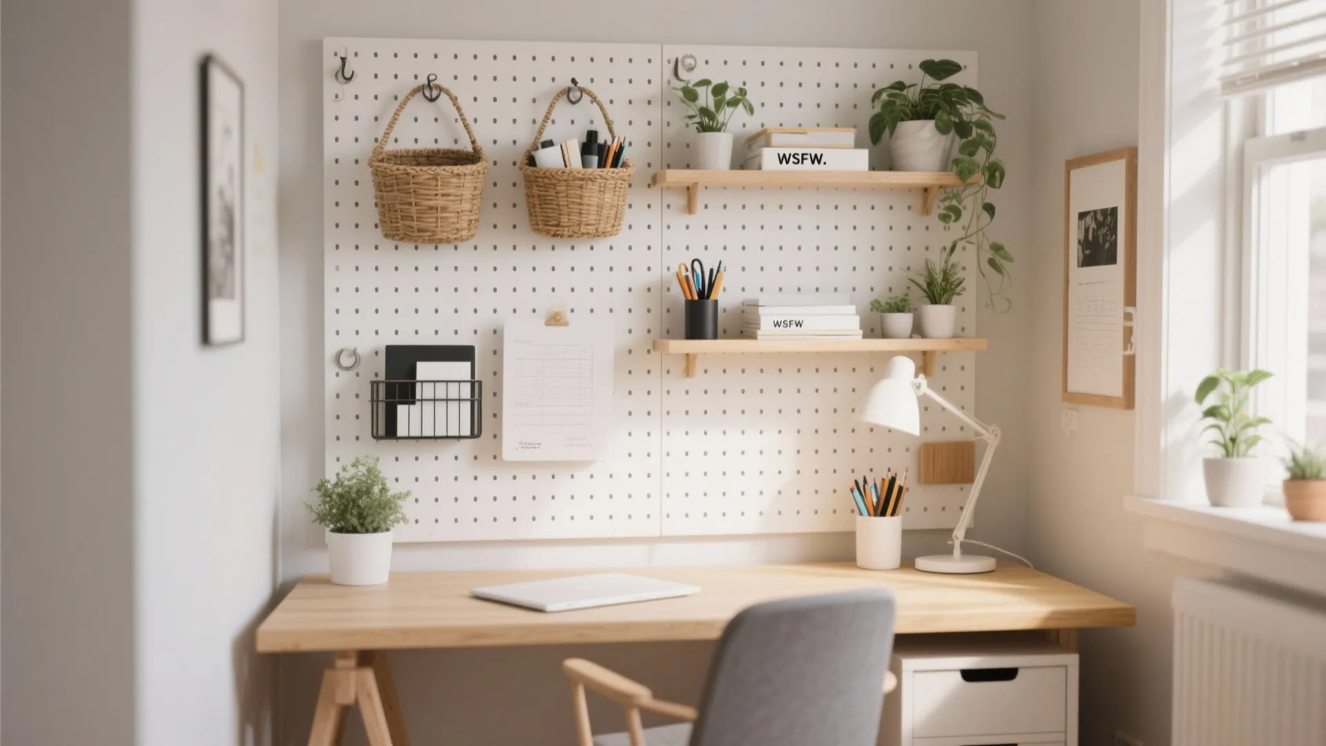 Home office desk with white wall panel organizer holding baskets plants and various small supplies