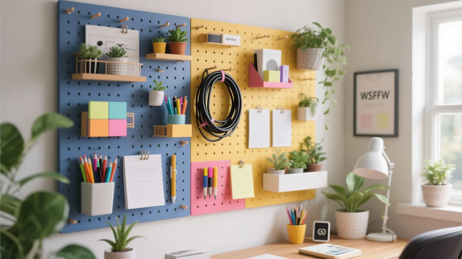 Colorful pegboard wall organizer with small plants and stationery supplies in a modern home office