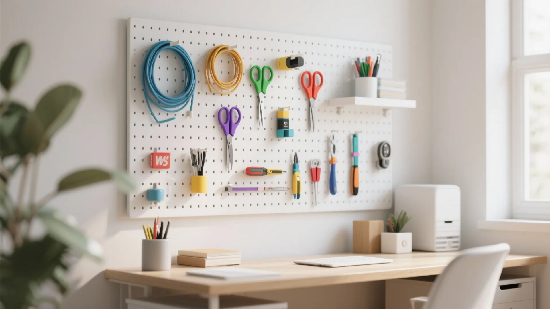 White wall mounted pegboard holding colorful scissors cables and tools above a clean wooden desk